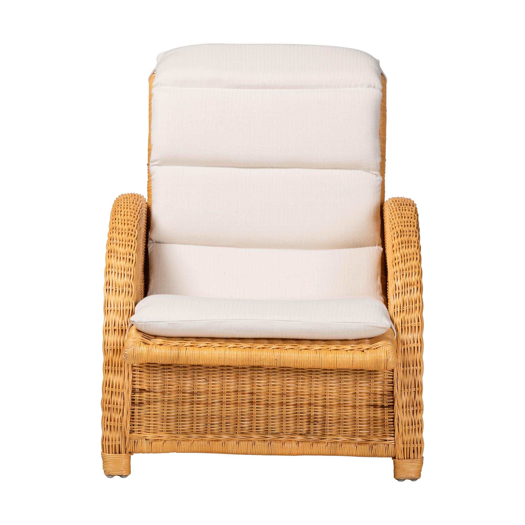 bali & pari Aries Natural Rattan Chaise Lounge Chair with Cushion - Handwoven Wicker Accent Lounger Rolled Backrest and Arms for Living Room or Sunroom