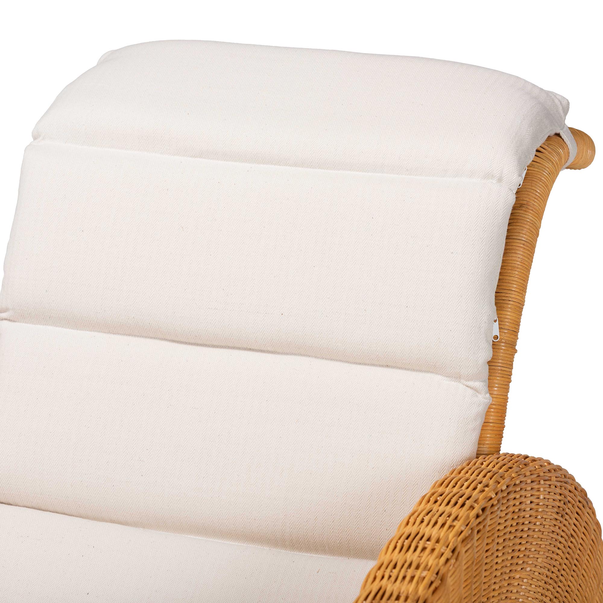 bali & pari Aries Natural Rattan Chaise Lounge Chair with Cushion - Handwoven Wicker Accent Lounger Rolled Backrest and Arms for Living Room or Sunroom