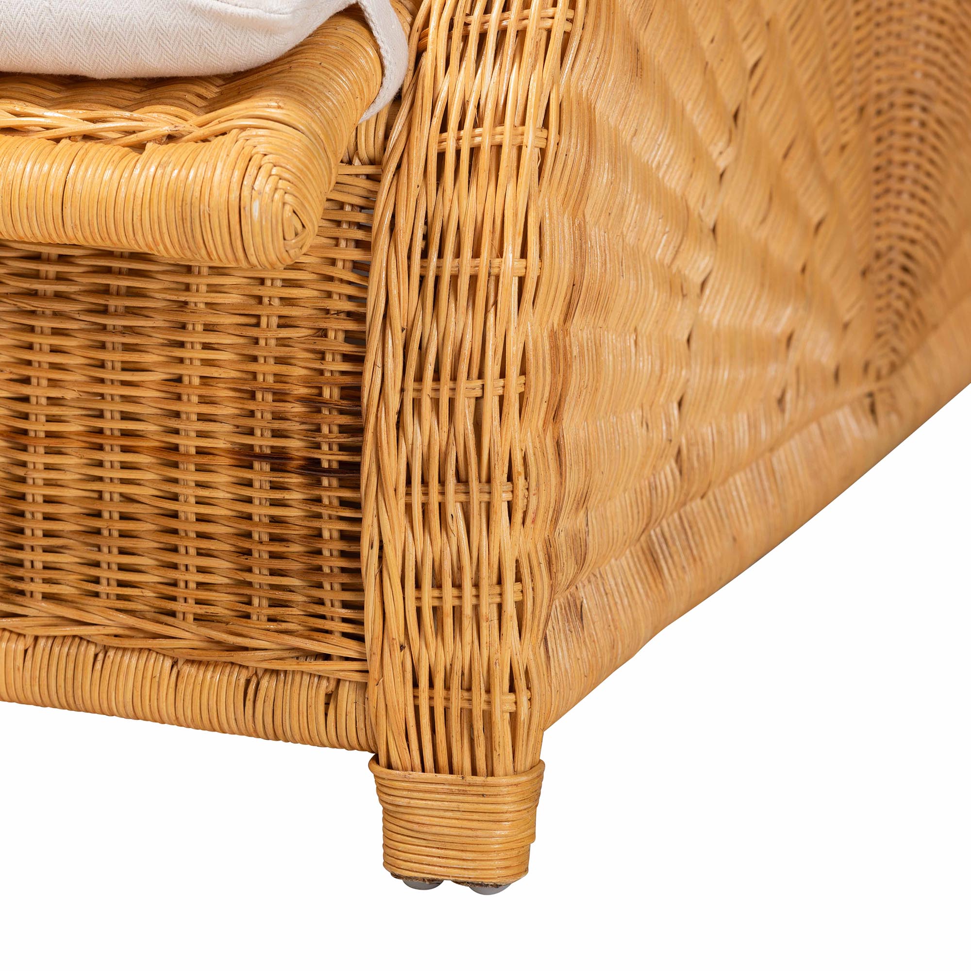 bali & pari Aries Natural Rattan Chaise Lounge Chair with Cushion - Handwoven Wicker Accent Lounger Rolled Backrest and Arms for Living Room or Sunroom