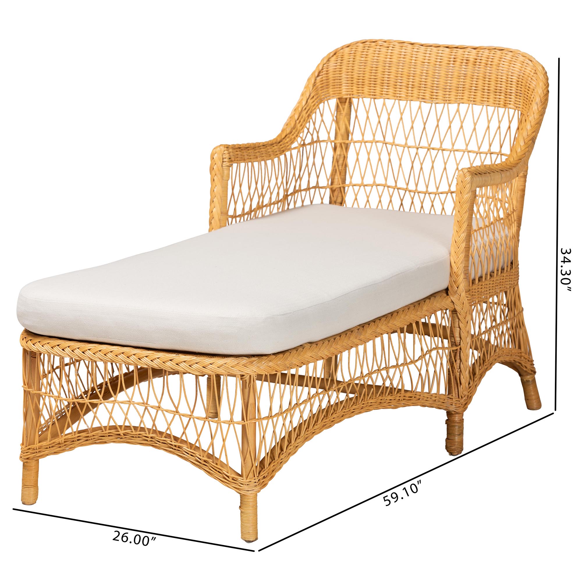 bali & pari Bruno Natural Rattan Chaise Lounge Chair with Cushion - Handwoven Wicker Accent Lounger with Rounded Backrest and Arms for Living Room, Bedroom or Sunroom