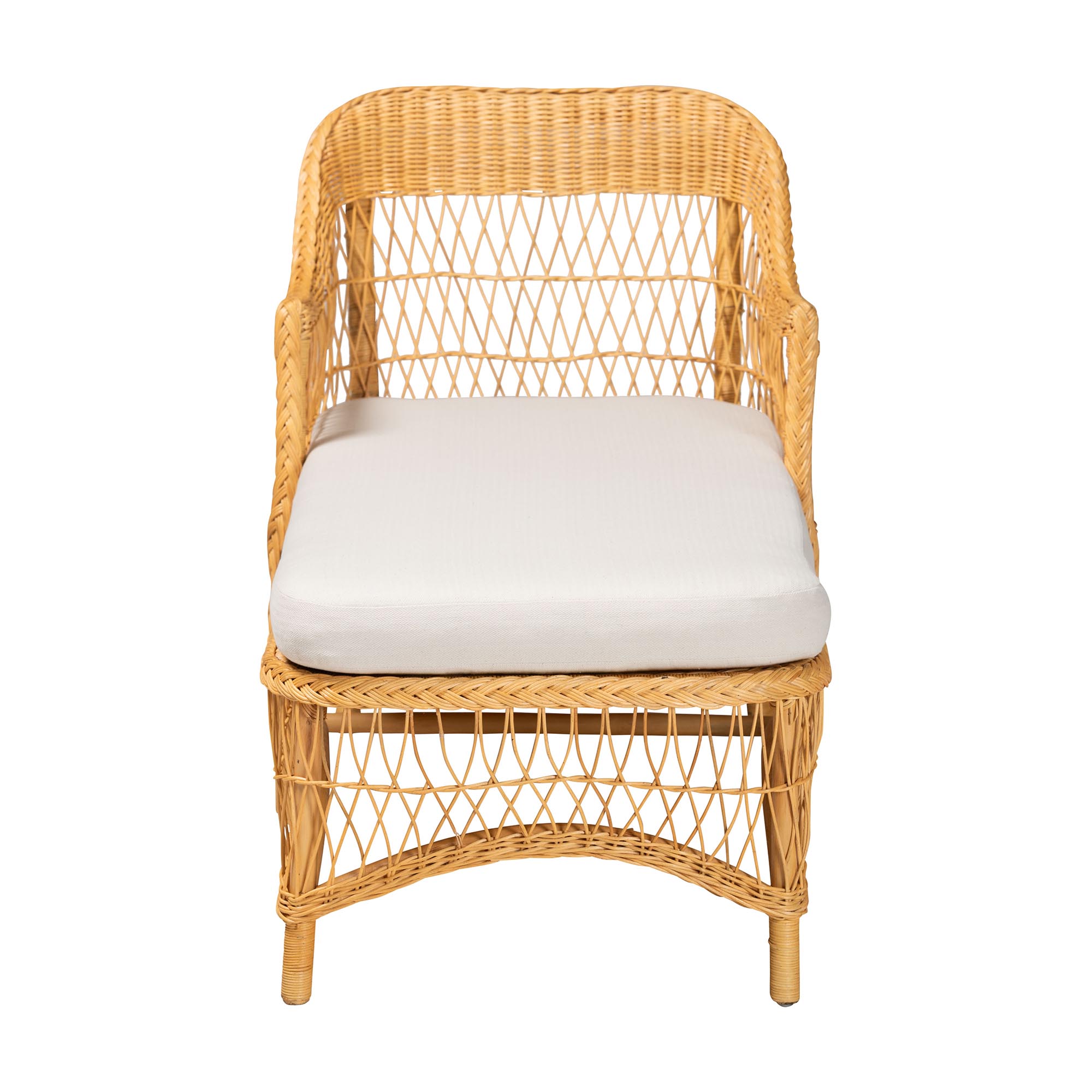 bali & pari Bruno Natural Rattan Chaise Lounge Chair with Cushion - Handwoven Wicker Accent Lounger with Rounded Backrest and Arms for Living Room, Bedroom or Sunroom