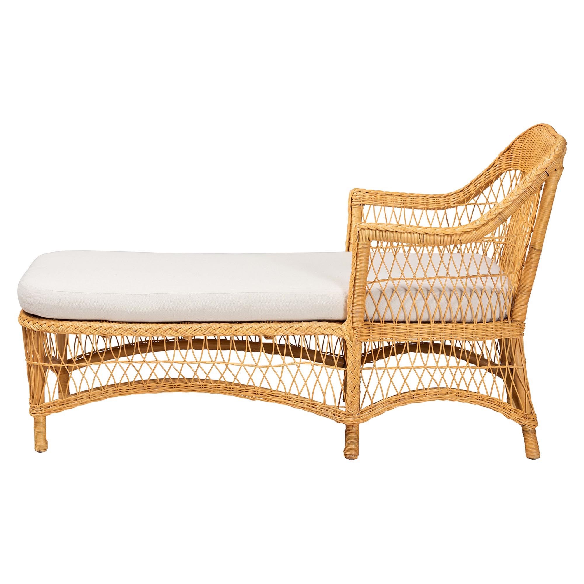bali & pari Bruno Natural Rattan Chaise Lounge Chair with Cushion - Handwoven Wicker Accent Lounger with Rounded Backrest and Arms for Living Room, Bedroom or Sunroom