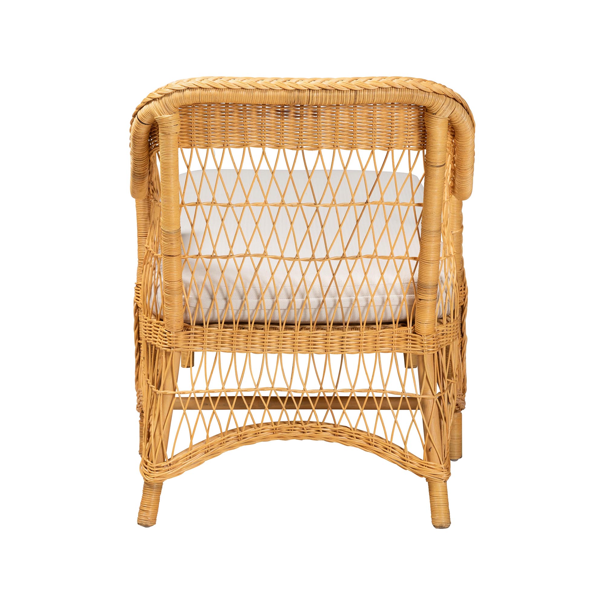 bali & pari Bruno Natural Rattan Chaise Lounge Chair with Cushion - Handwoven Wicker Accent Lounger with Rounded Backrest and Arms for Living Room, Bedroom or Sunroom