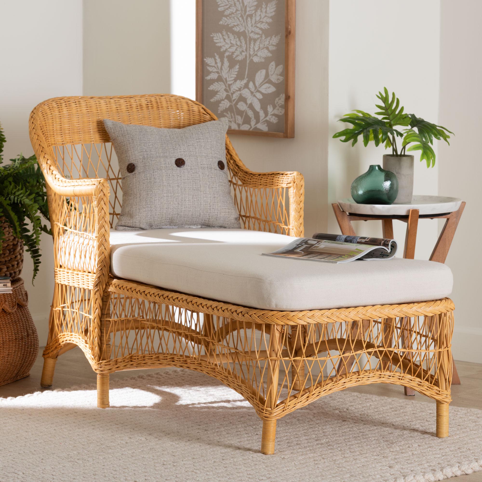 bali & pari Bruno Natural Rattan Chaise Lounge Chair with Cushion - Handwoven Wicker Accent Lounger with Rounded Backrest and Arms for Living Room, Bedroom or Sunroom