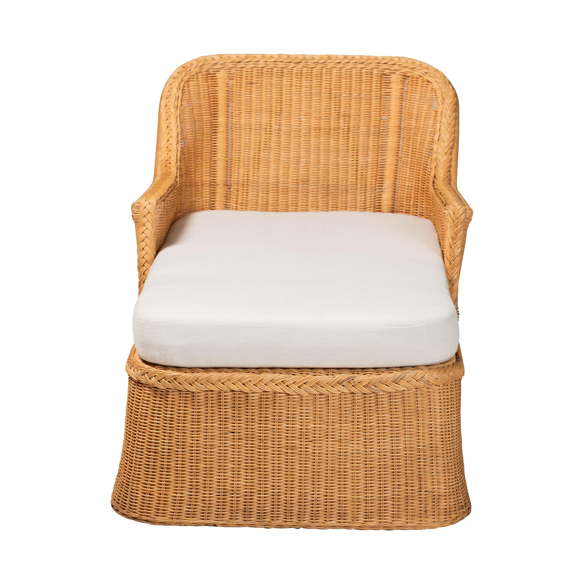 bali & pari Cesar Natural Rattan Chaise Lounge Chair with Cushion - Handwoven Wicker Accent Lounger with Rounded Backrest and Arms for Living Room, Bedroom or Sunroom