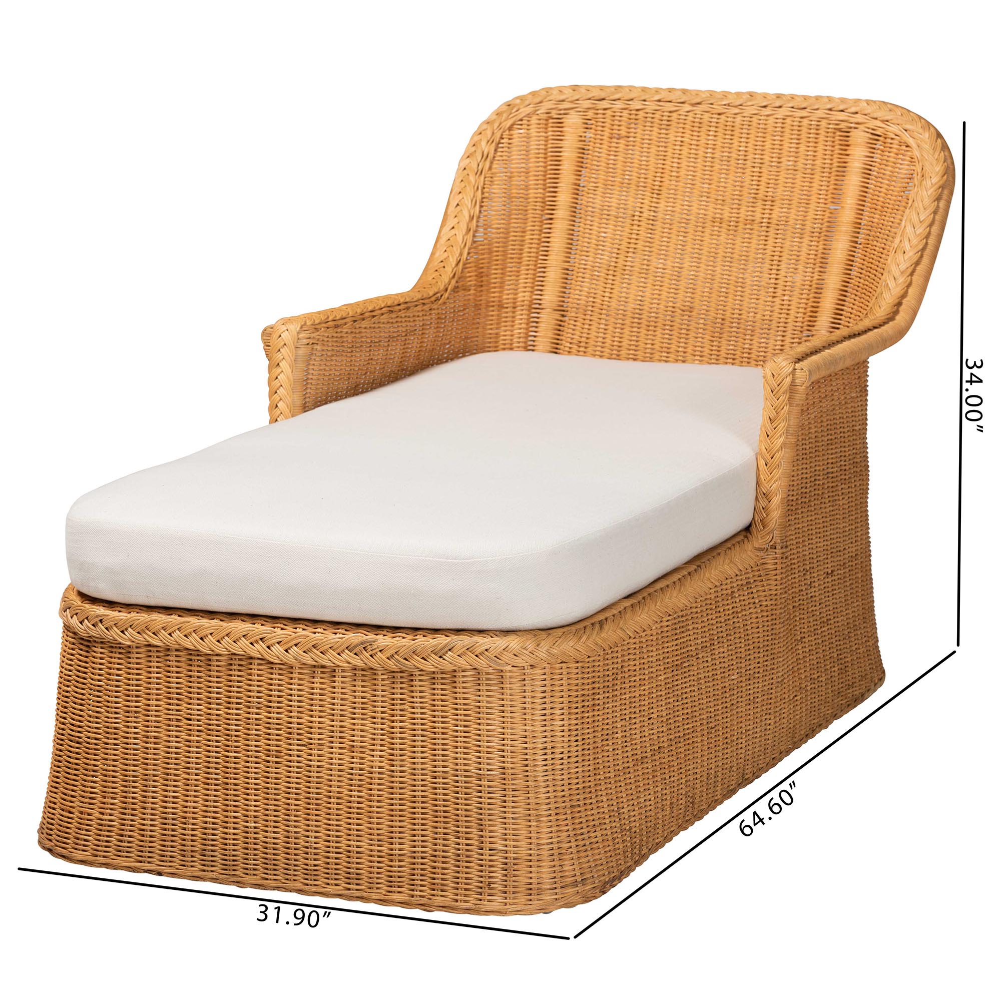 bali & pari Cesar Natural Rattan Chaise Lounge Chair with Cushion - Handwoven Wicker Accent Lounger with Rounded Backrest and Arms for Living Room, Bedroom or Sunroom