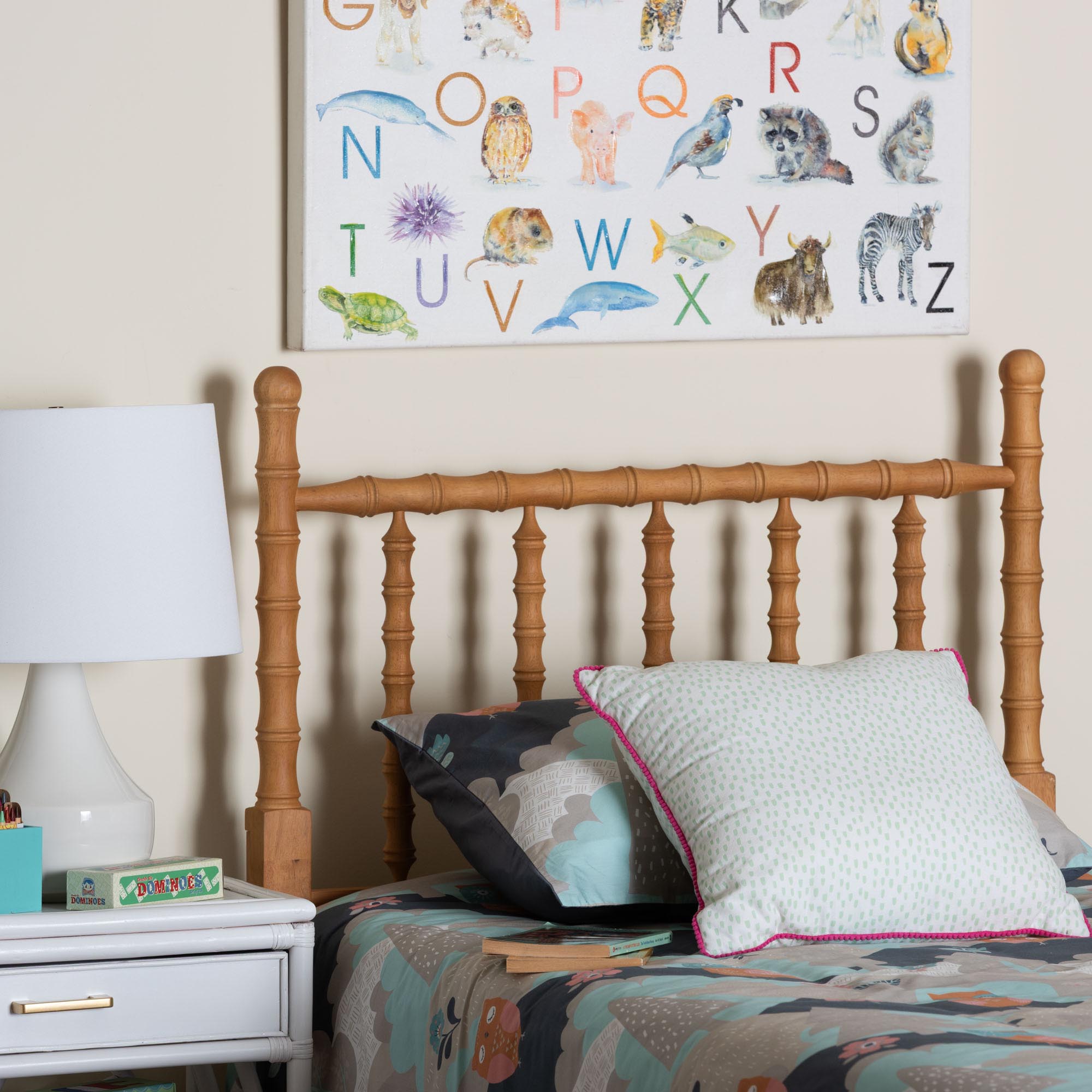 Baxton Studio Edaline Bamboo Motif Headboard - Crafted Wood Panel with Decorative Turned Spindle Design for Boho Costal Bedroom, Twin, Oak Brown