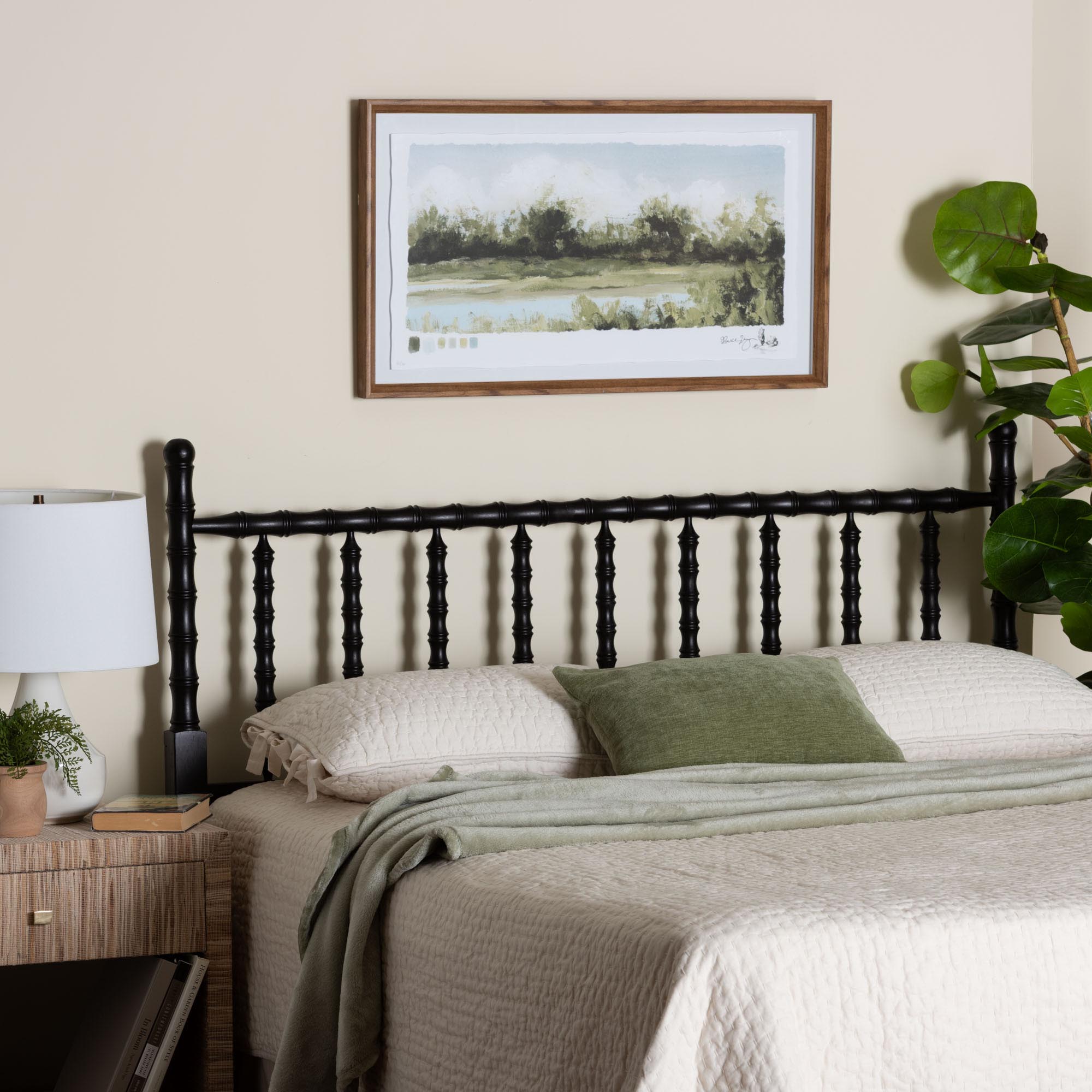 Baxton Studio Edaline Bamboo Motif Headboard - Crafted Wood Panel with Decorative Turned Spindle Design for Boho Costal Bedroom, Queen, Black