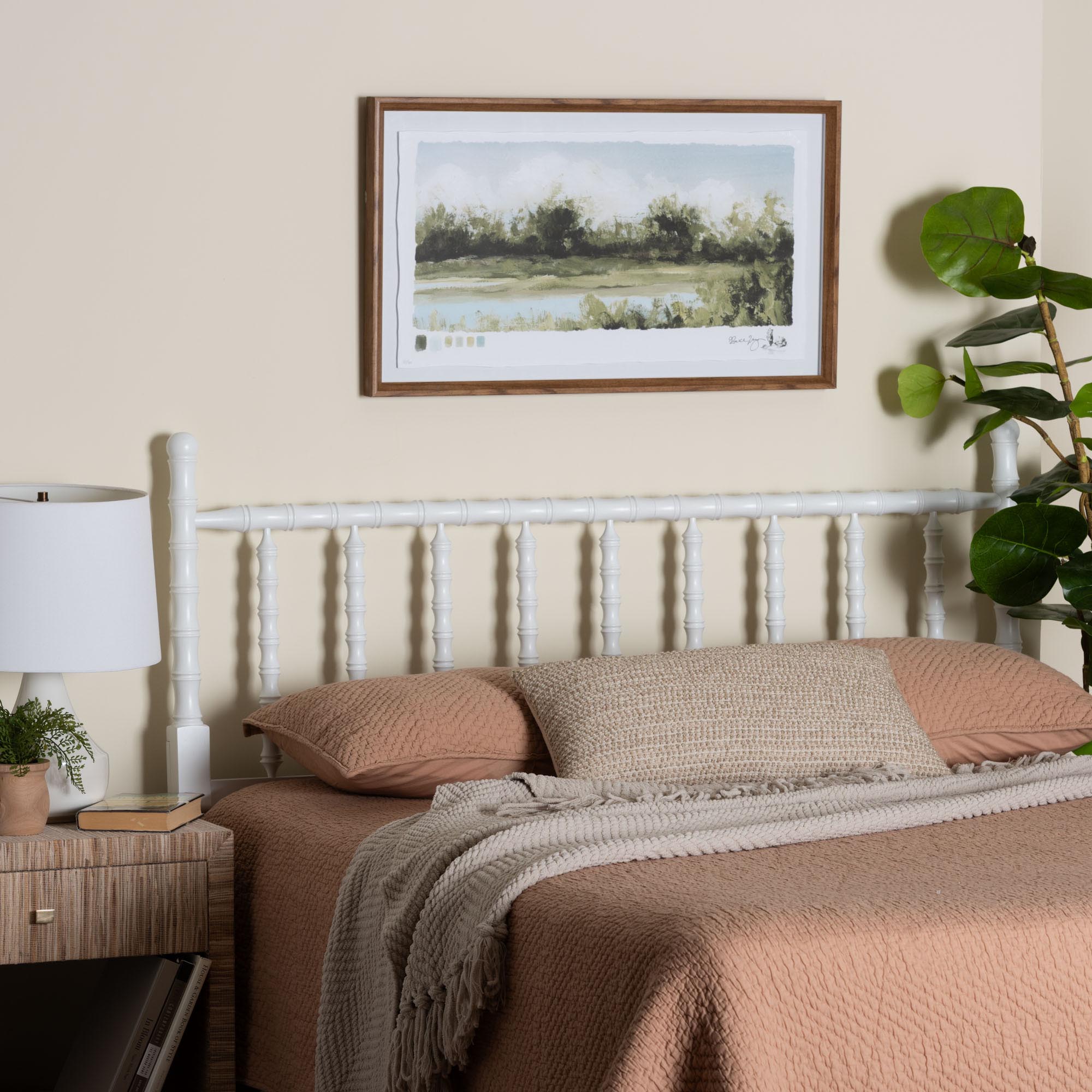 Baxton Studio Edaline Bamboo Motif Headboard - Crafted Wood Panel with Decorative Turned Spindle Design for Boho Costal Bedroom, Queen, White