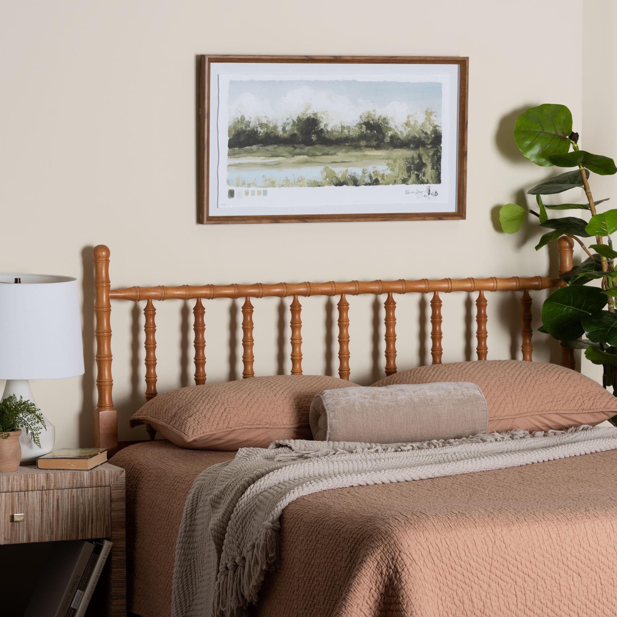 Baxton Studio Edaline Bamboo Motif Headboard - Crafted Wood Panel with Decorative Turned Spindle Design for Boho Costal Bedroom, Full, Oak Brown