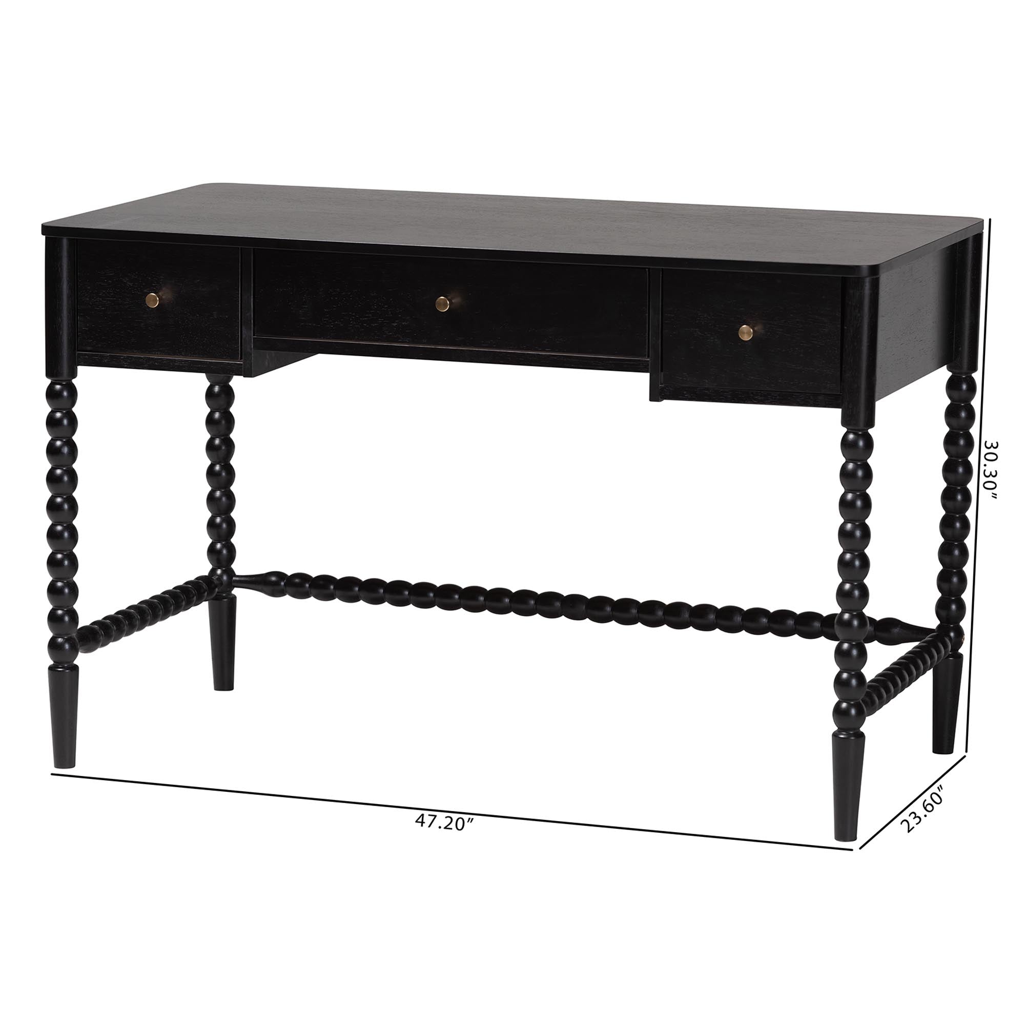 Baxton Studio Lucera Bobbin Writing Desk - 3-Drawer Home Office Desk with Spindle Frame, Black