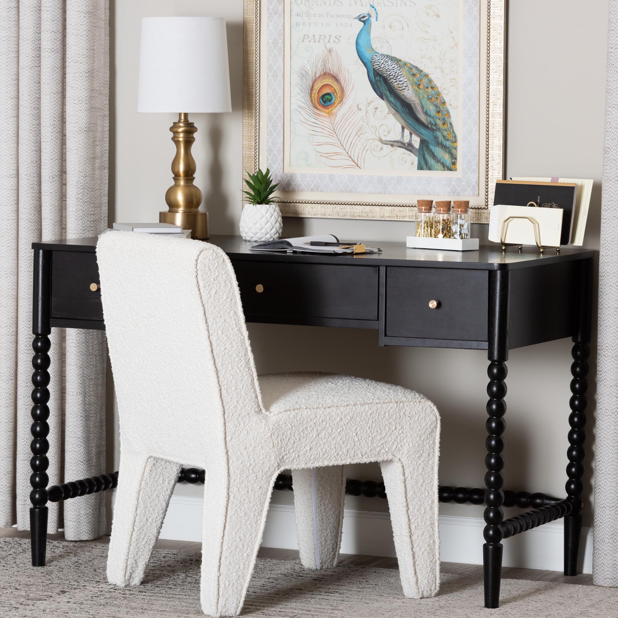 Baxton Studio Lucera Bobbin Writing Desk - 3-Drawer Home Office Desk with Spindle Frame, Black