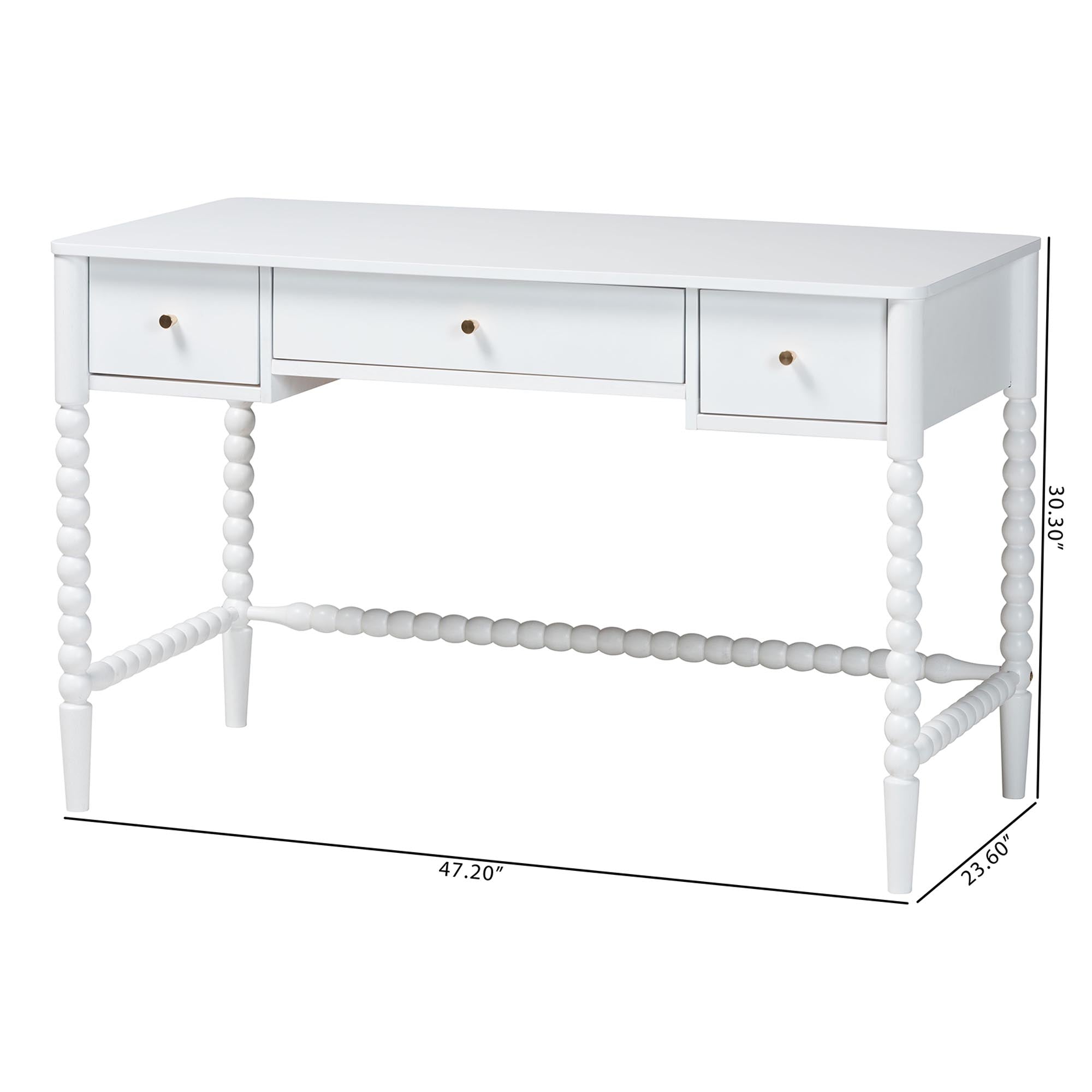Baxton Studio Lucera Bobbin Writing Desk - 3-Drawer Home Office Desk with Spindle Frame, White