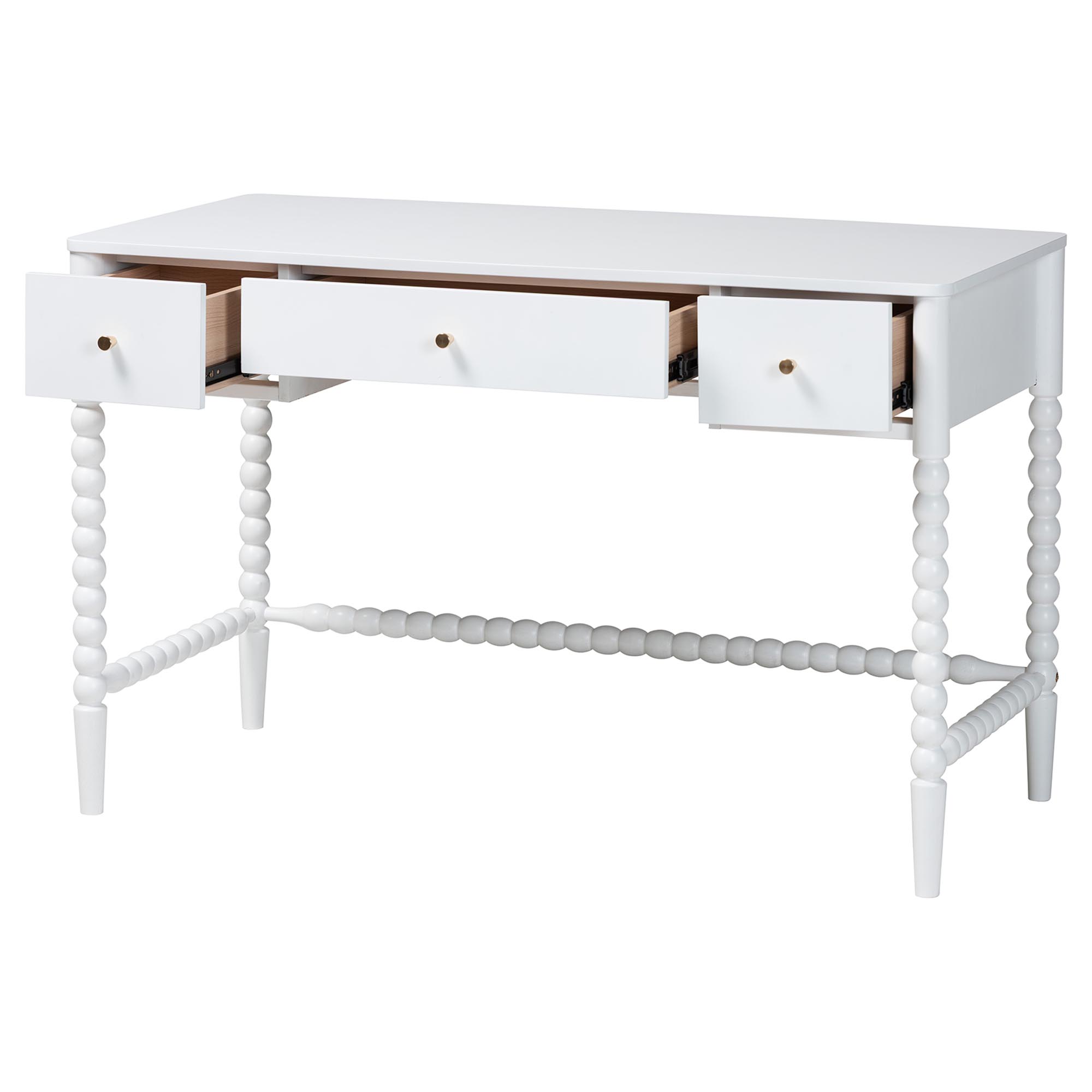 Baxton Studio Lucera Bobbin Writing Desk - 3-Drawer Home Office Desk with Spindle Frame, White