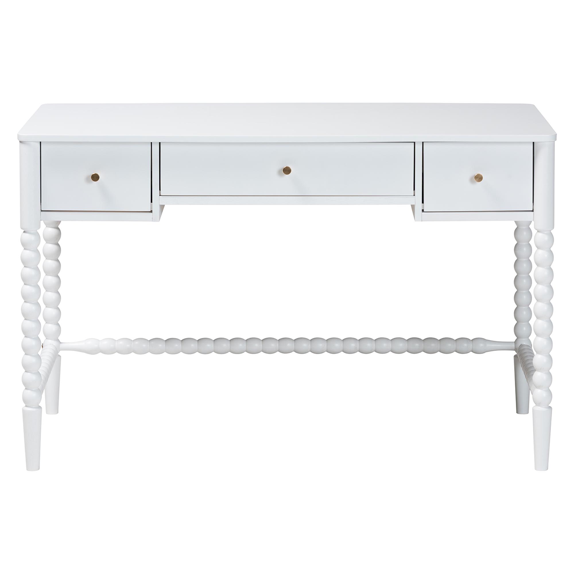 Baxton Studio Lucera Bobbin Writing Desk - 3-Drawer Home Office Desk with Spindle Frame, White