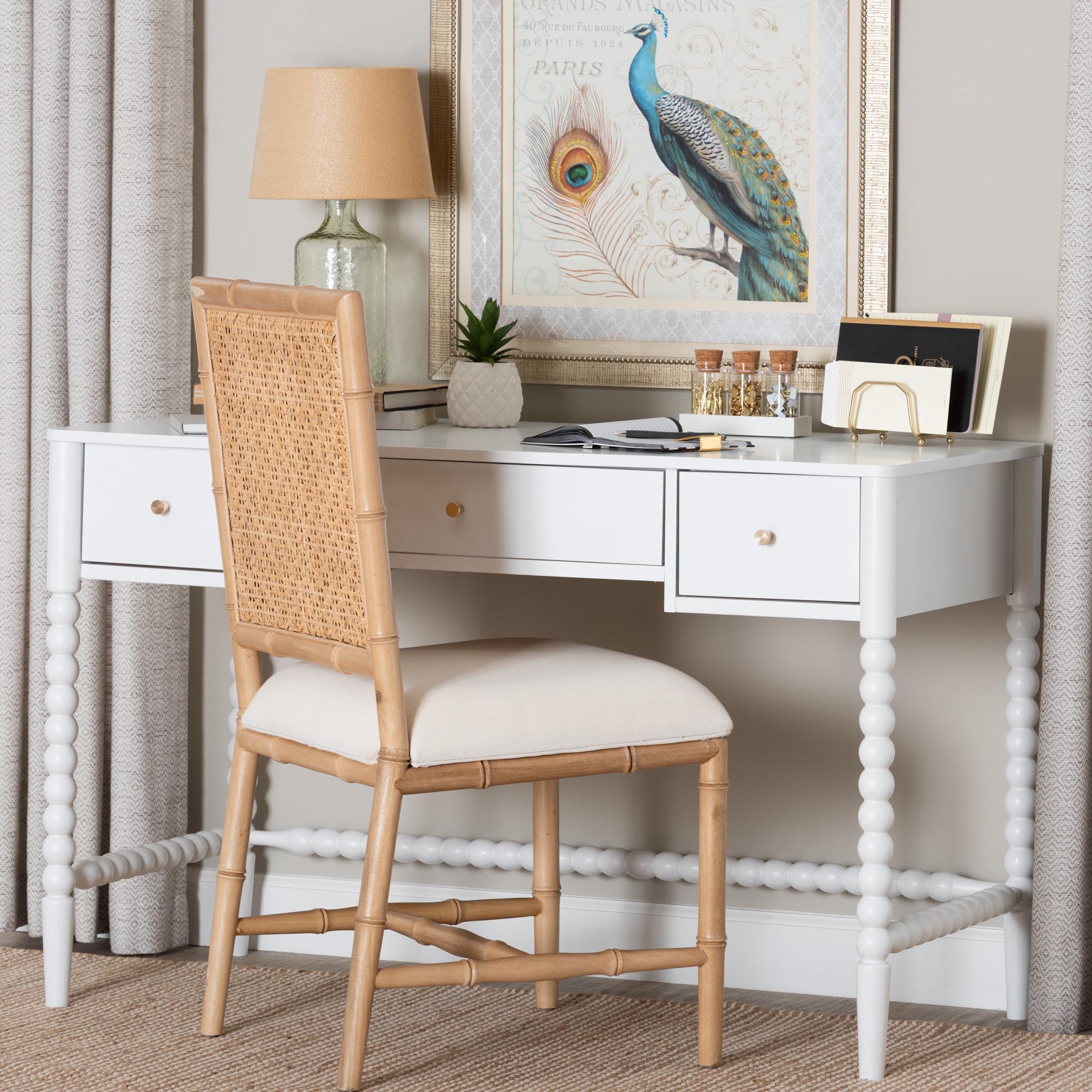 Baxton Studio Lucera Bobbin Writing Desk - 3-Drawer Home Office Desk with Spindle Frame, White