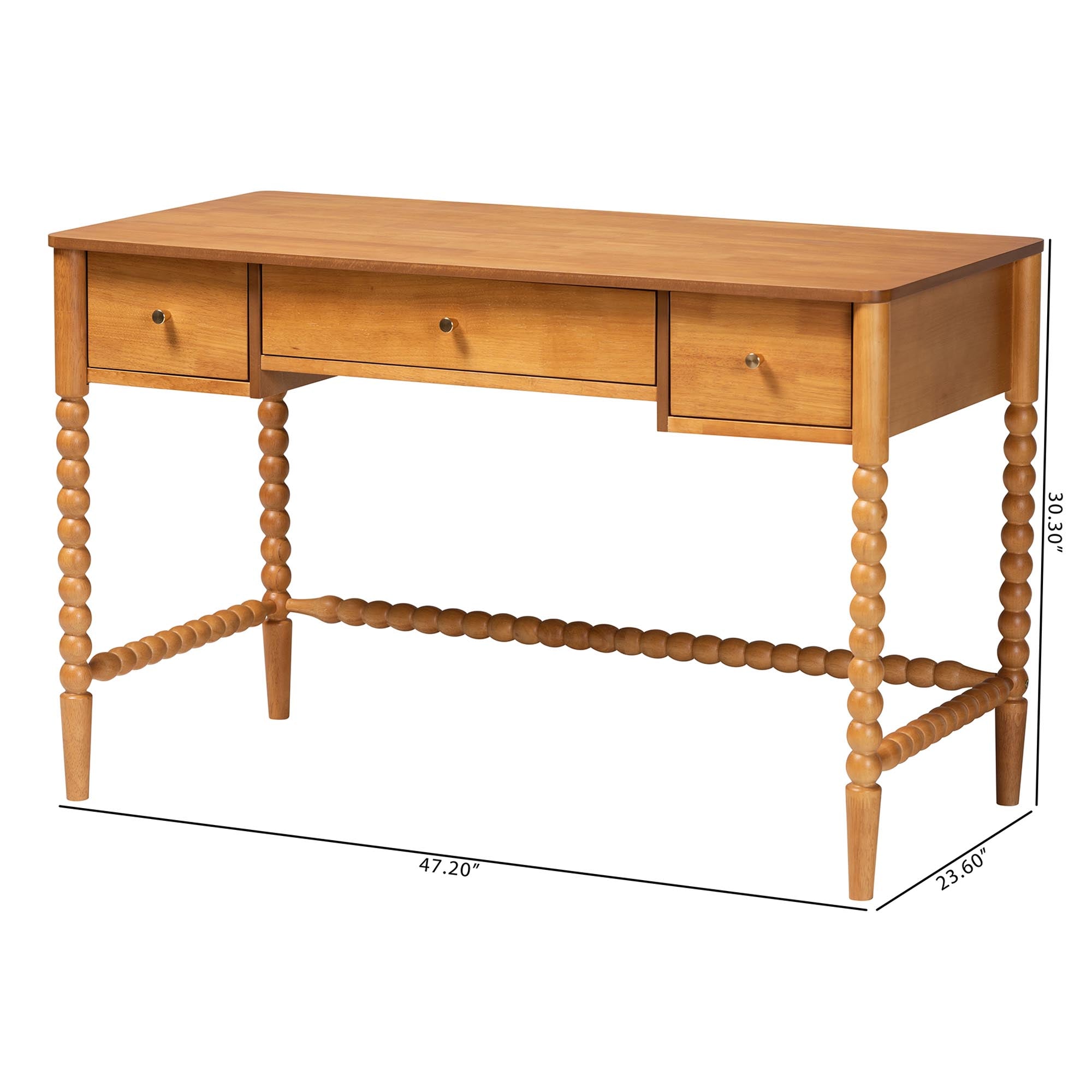 Baxton Studio Lucera Bobbin Writing Desk - 3-Drawer Home Office Desk with Spindle Frame, Oak Brown