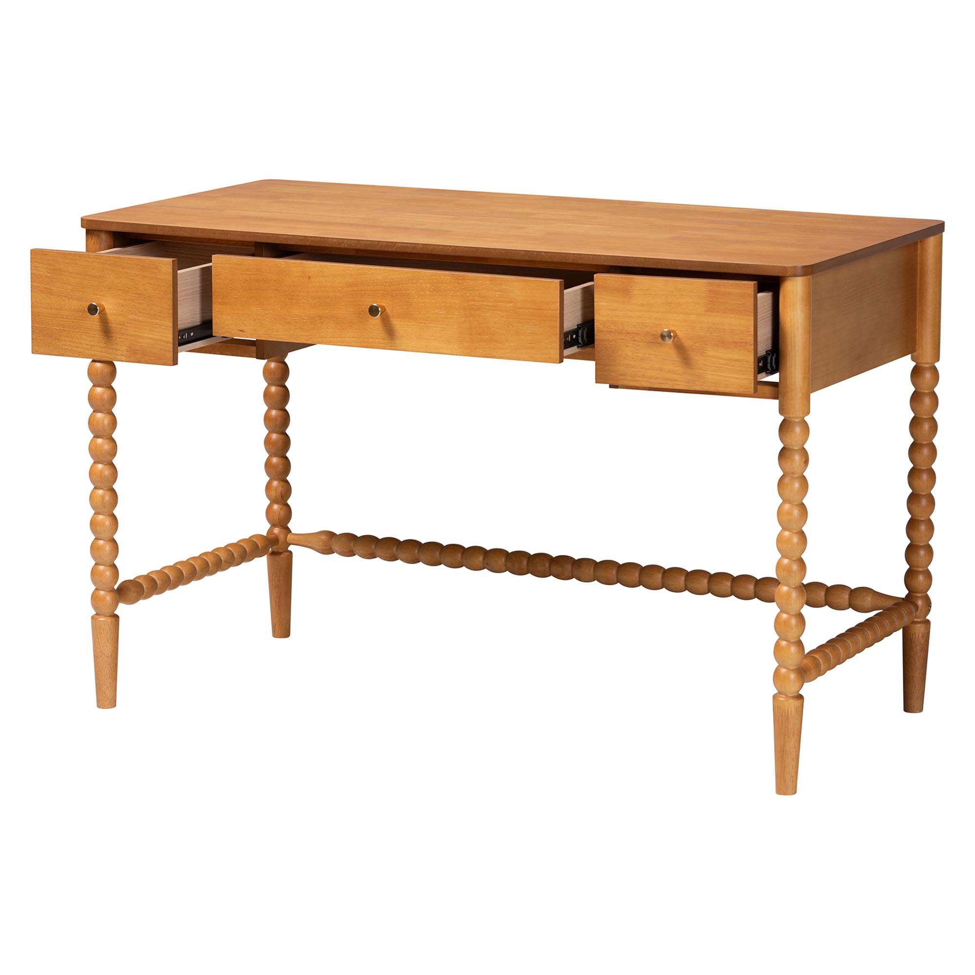 Baxton Studio Lucera Bobbin Writing Desk - 3-Drawer Home Office Desk with Spindle Frame, Oak Brown