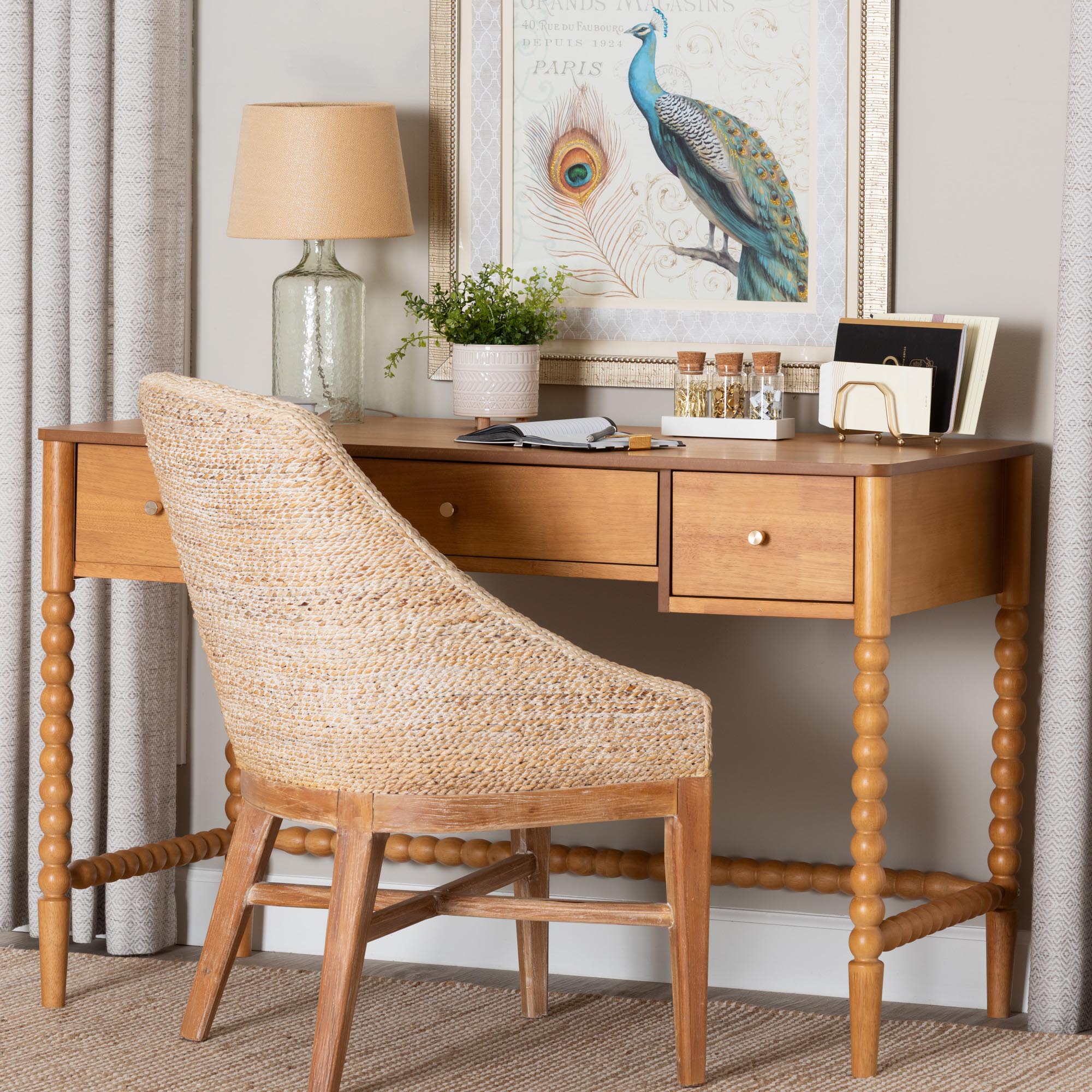 Baxton Studio Lucera Bobbin Writing Desk - 3-Drawer Home Office Desk with Spindle Frame, Oak Brown