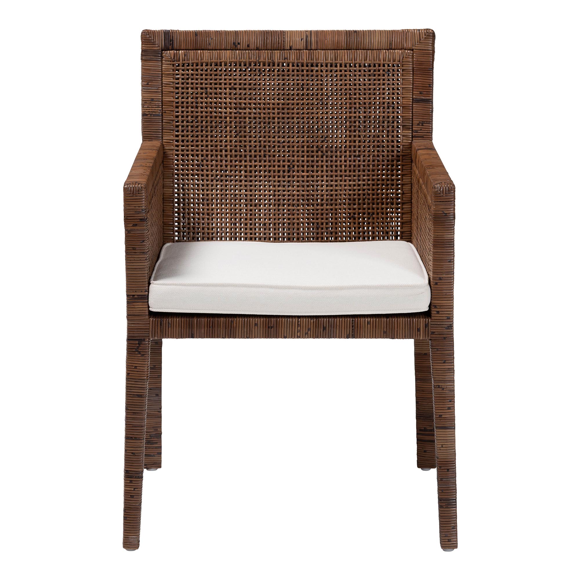 bali & pari Karis Rattan Dining Chair with Cushion - Handwoven Wicker Armchair with Mahogany Wood Frame, Coastal Boho Style Indoor Seating, Antique Coffee