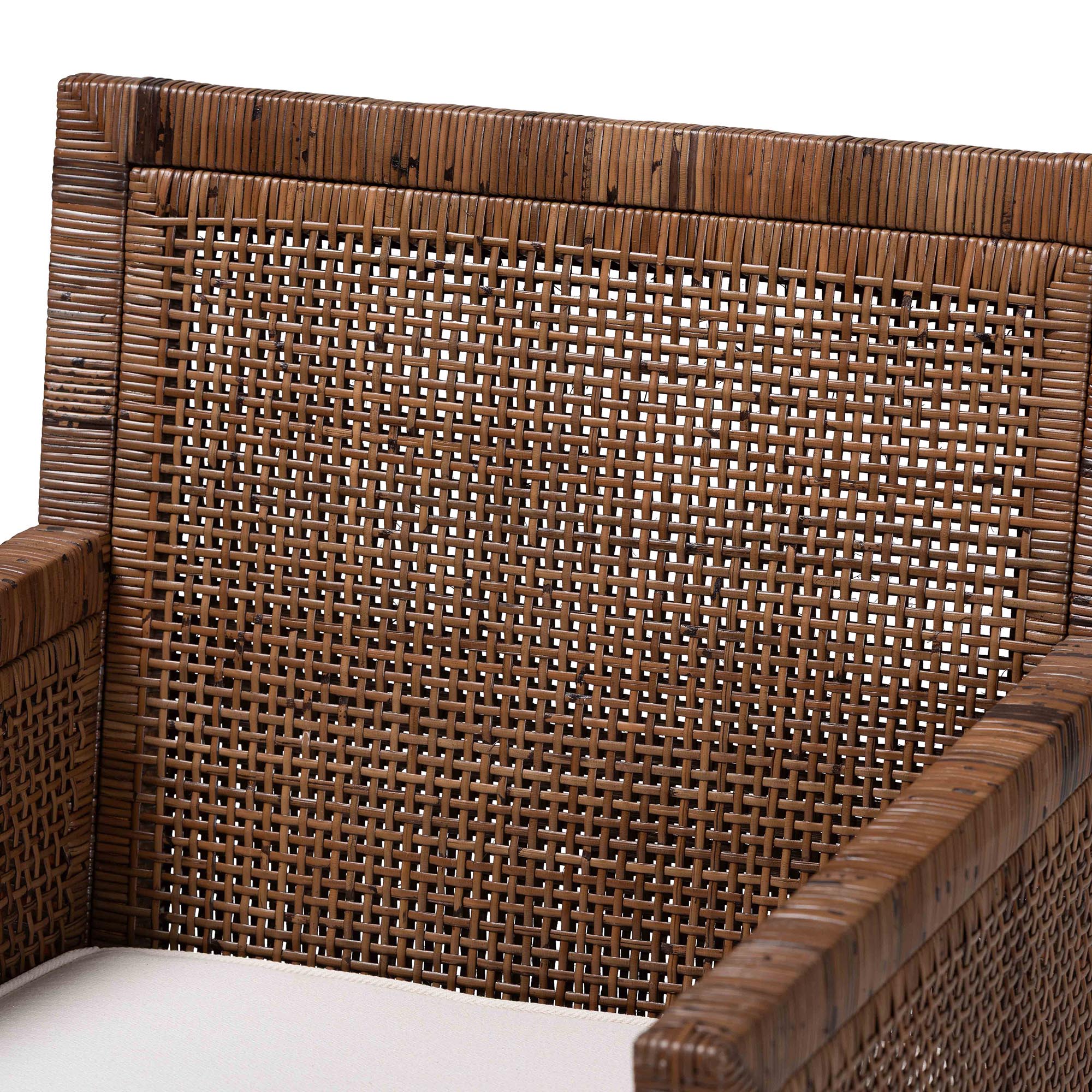 bali & pari Karis Rattan Dining Chair with Cushion - Handwoven Wicker Armchair with Mahogany Wood Frame, Coastal Boho Style Indoor Seating, Antique Coffee