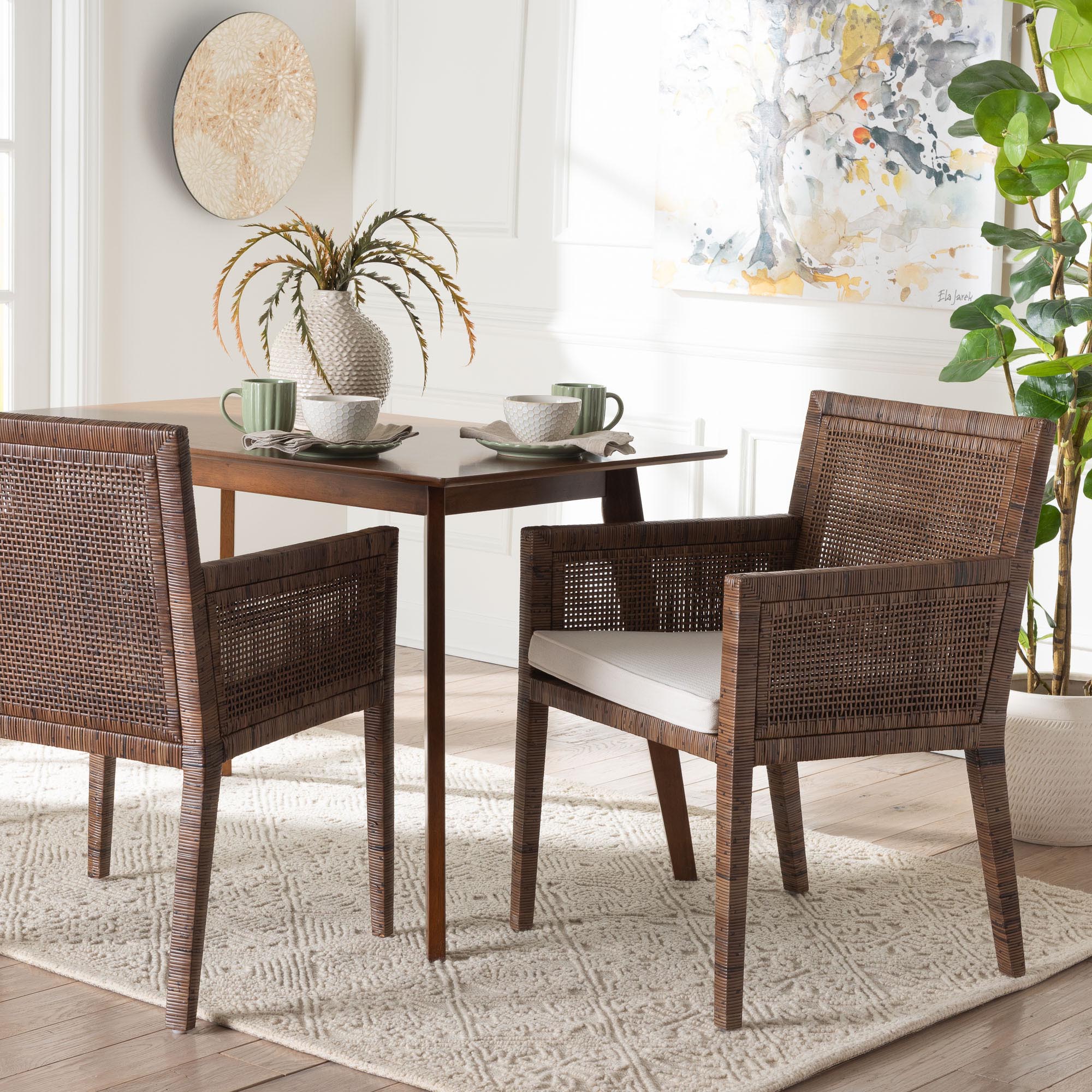 bali & pari Karis Rattan Dining Chair with Cushion - Handwoven Wicker Armchair with Mahogany Wood Frame, Coastal Boho Style Indoor Seating, Antique Coffee