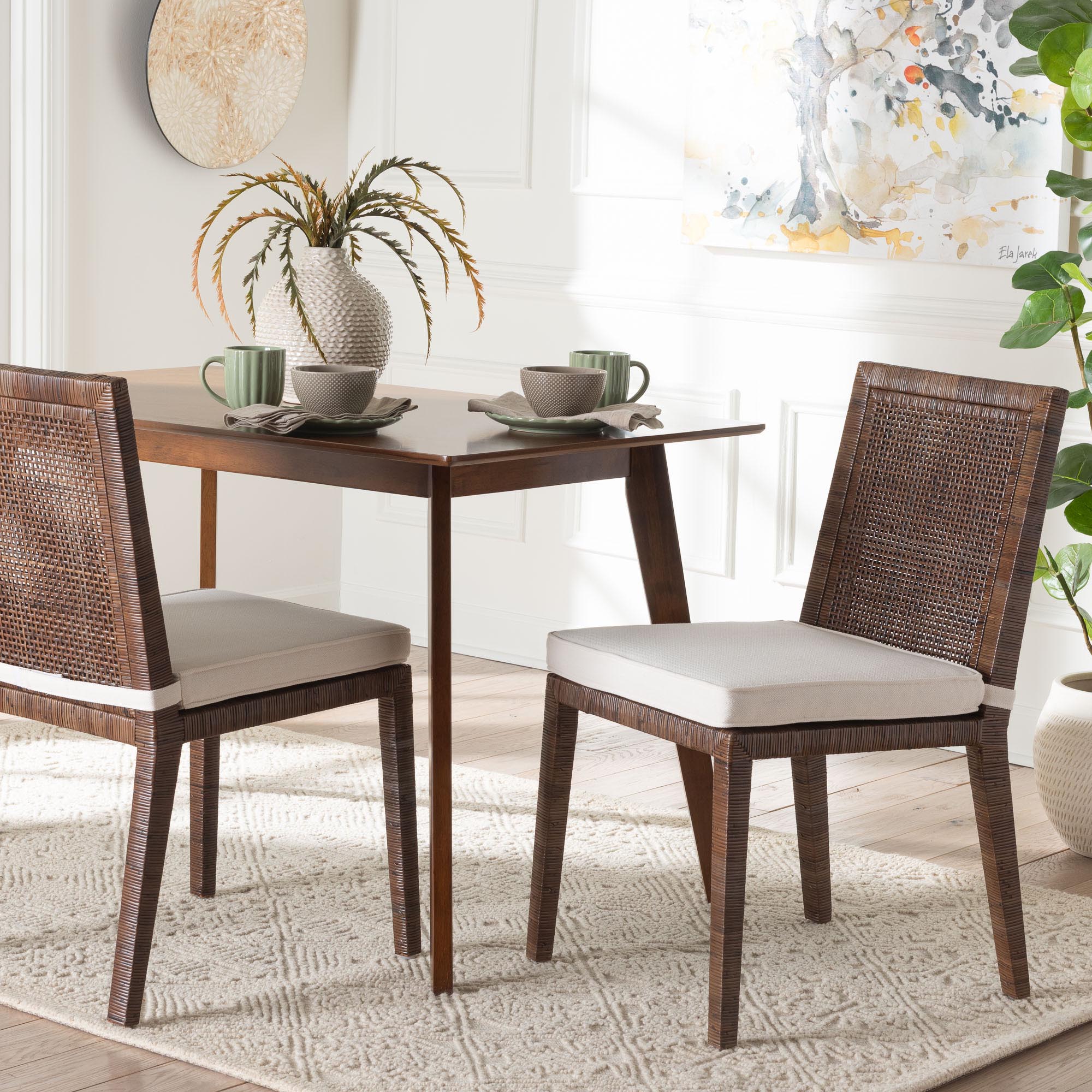 bali & pari Sofia Rattan Dining Chair with Cushion - Handwoven Wicker Side Chair with Mahogany Wood Frame, Coastal Boho Style Indoor Seating, Antique Coffee