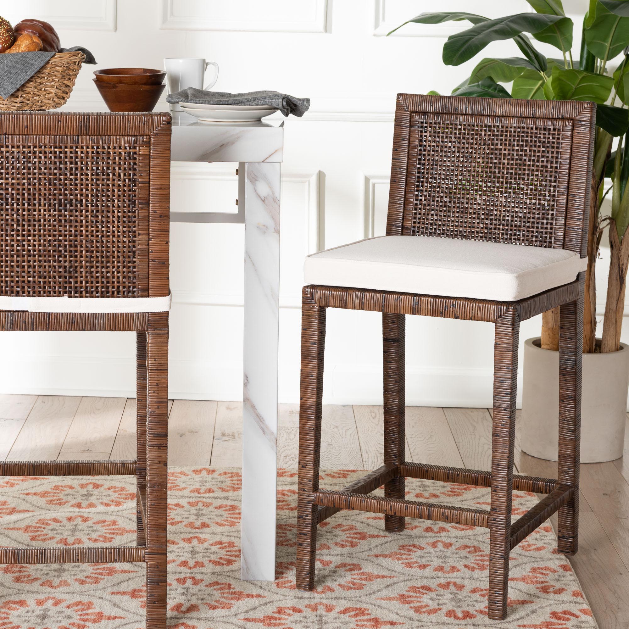bali & pari Sofia Rattan Counter Stool with Mahogany Wood Frame - Handwoven Wicker Counter Height Chair with Cushion, Coastal Boho Style Kitchen Island Seating, Antique Coffee