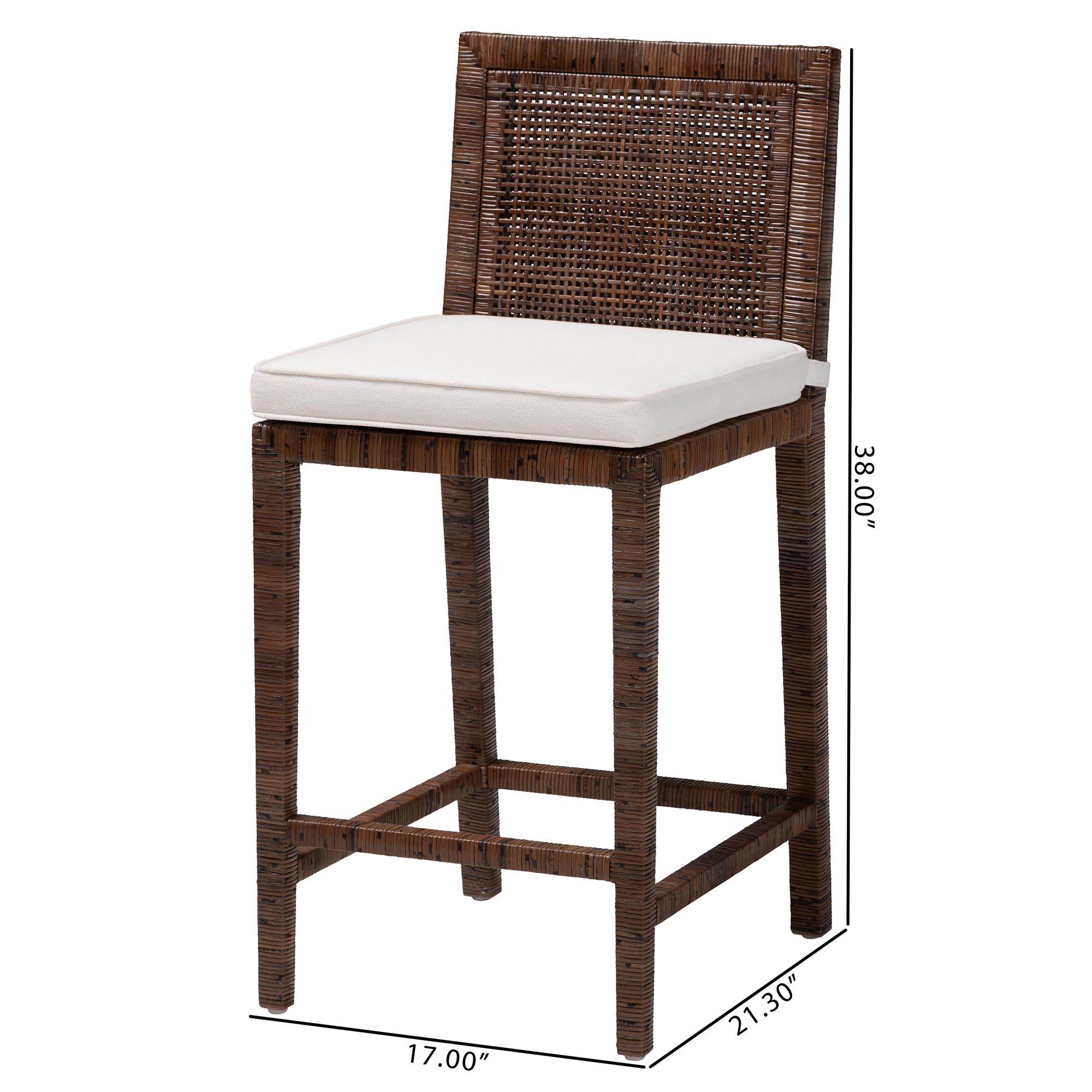 bali & pari Sofia Rattan Counter Stool with Mahogany Wood Frame - Handwoven Wicker Counter Height Chair with Cushion, Coastal Boho Style Kitchen Island Seating, Antique Coffee
