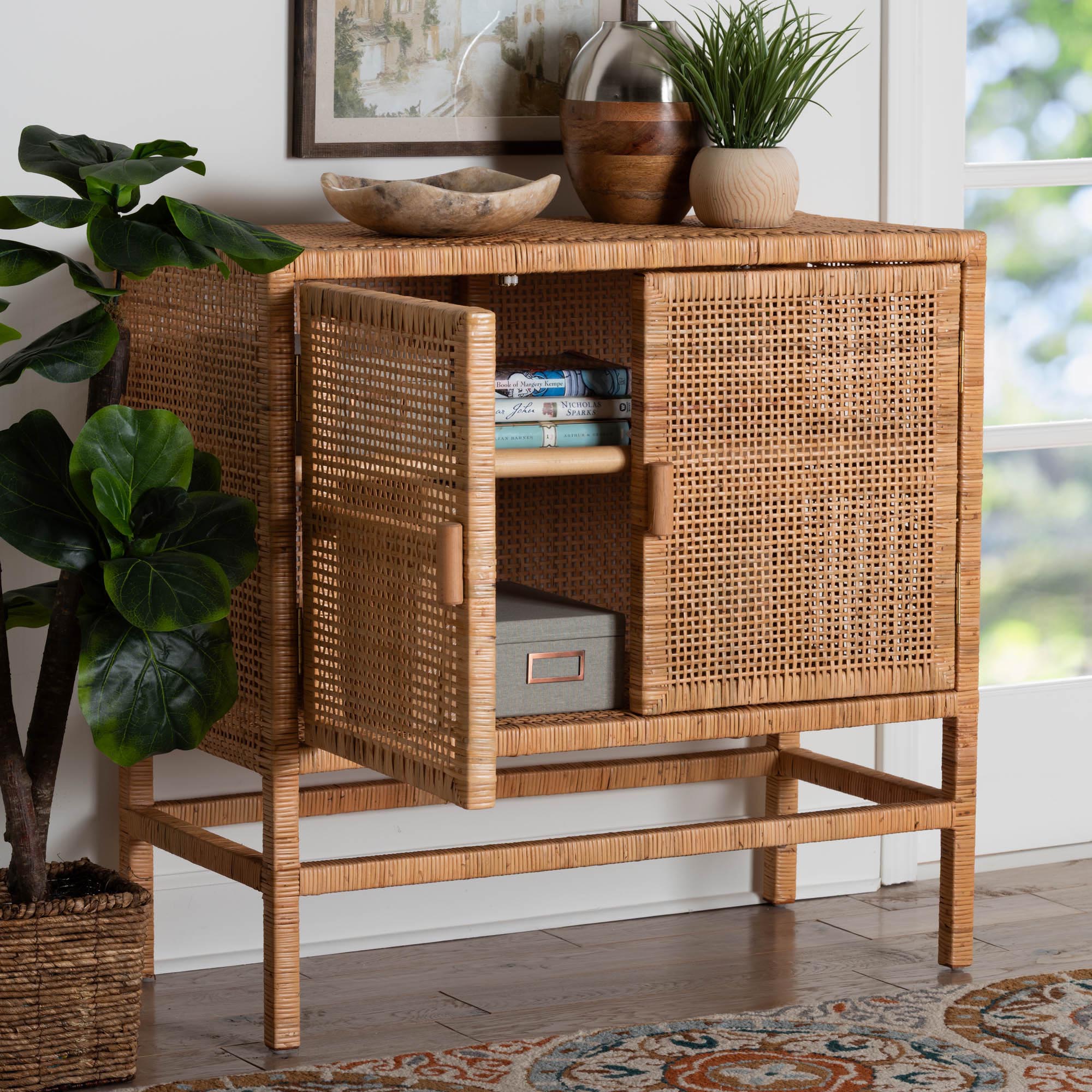bali & pari Vivan Natural Rattan Storage Cabinet - 2-Tier Handwoven Wicker Accent Cabinet with Double Doors and Elevated Base, Natural Brown