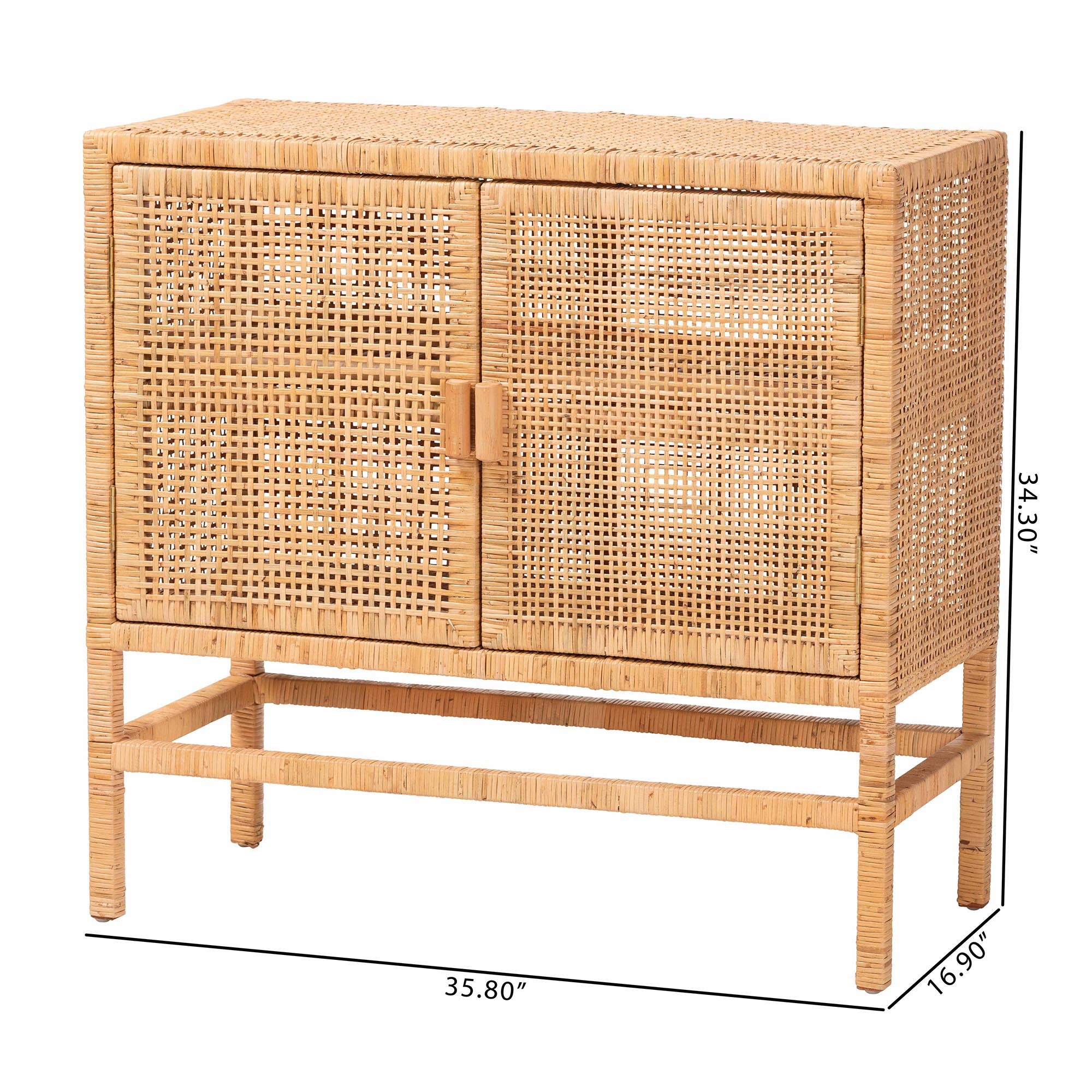 bali & pari Vivan Natural Rattan Storage Cabinet - 2-Tier Handwoven Wicker Accent Cabinet with Double Doors and Elevated Base, Natural Brown