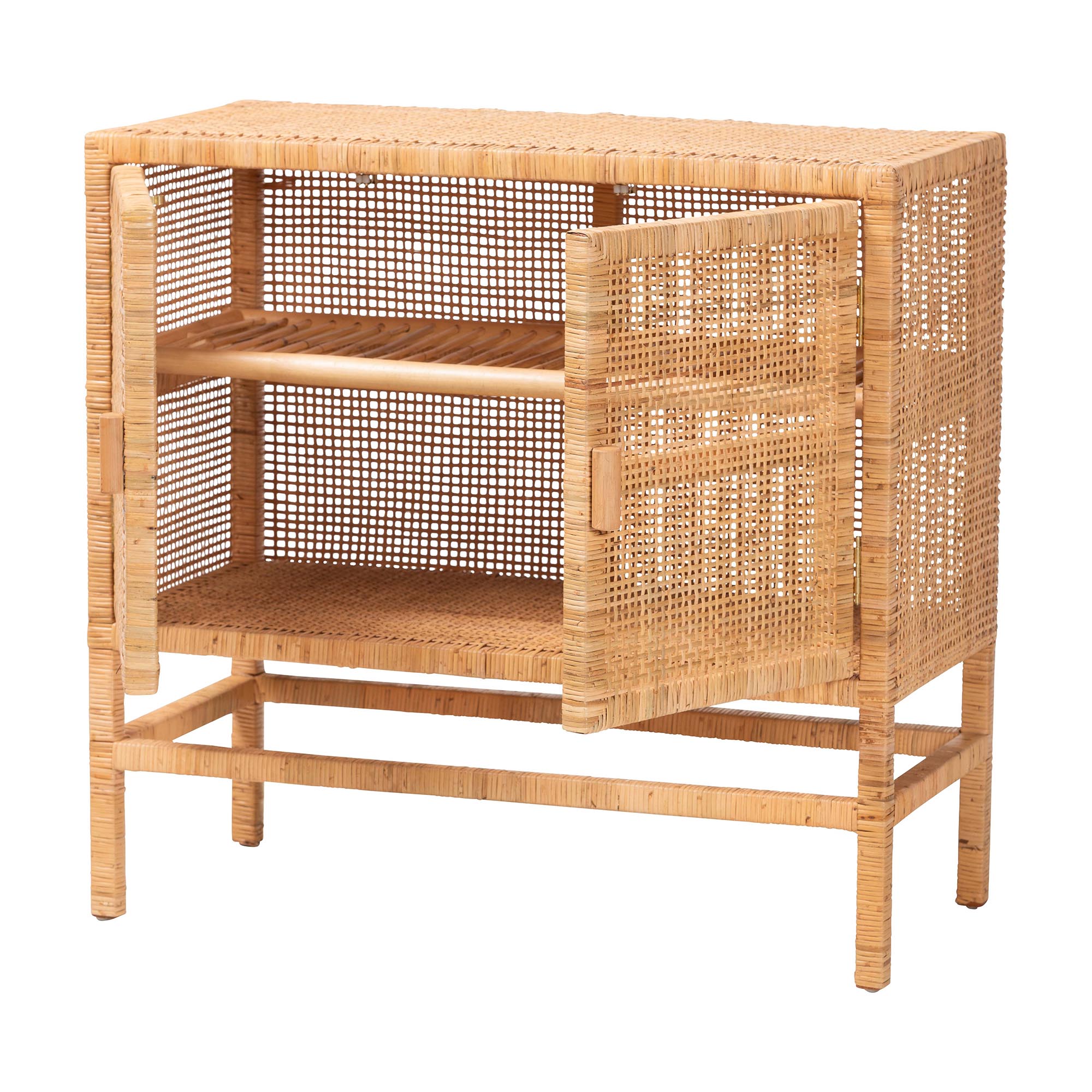 bali & pari Vivan Natural Rattan Storage Cabinet - 2-Tier Handwoven Wicker Accent Cabinet with Double Doors and Elevated Base, Natural Brown