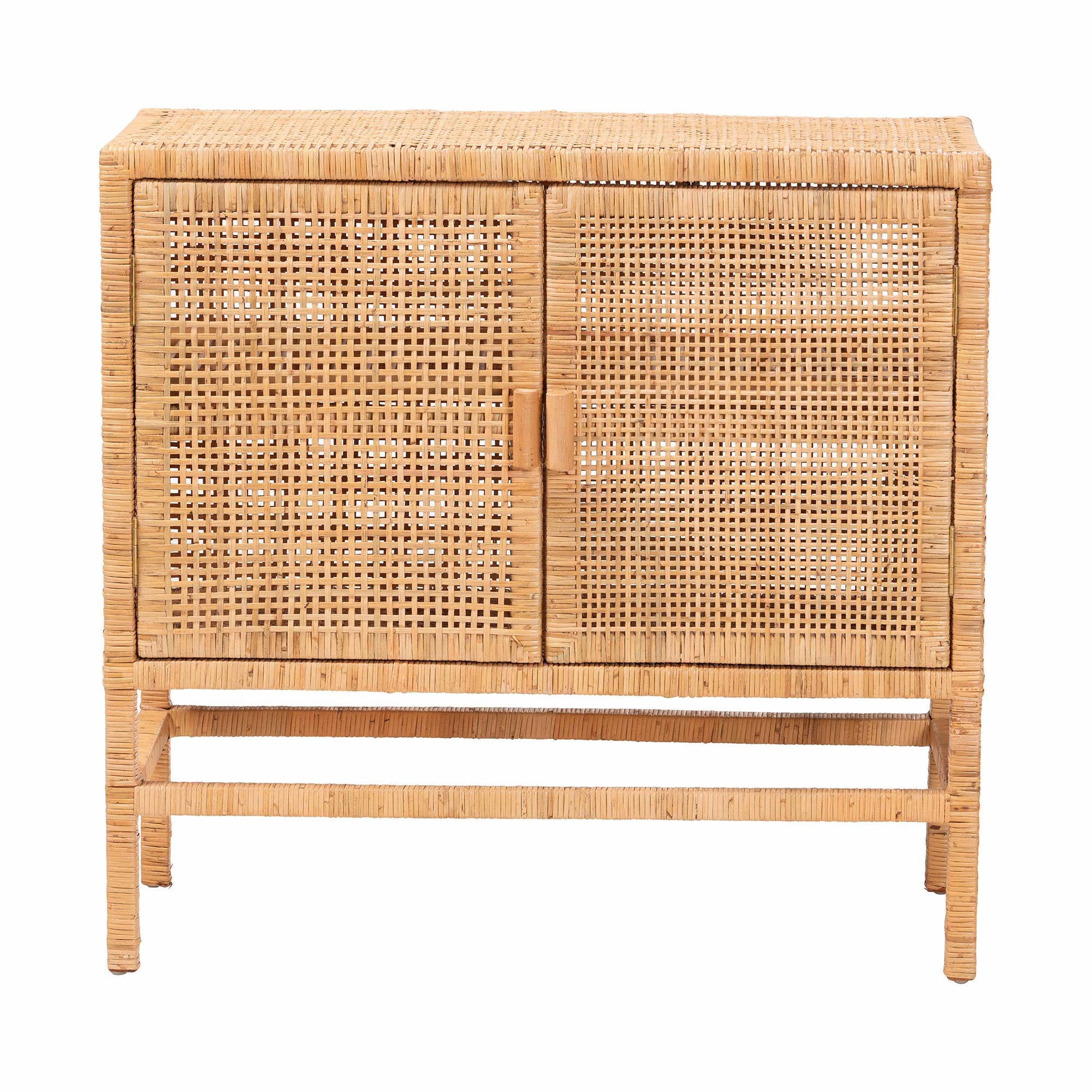 bali & pari Vivan Natural Rattan Storage Cabinet - 2-Tier Handwoven Wicker Accent Cabinet with Double Doors and Elevated Base, Natural Brown