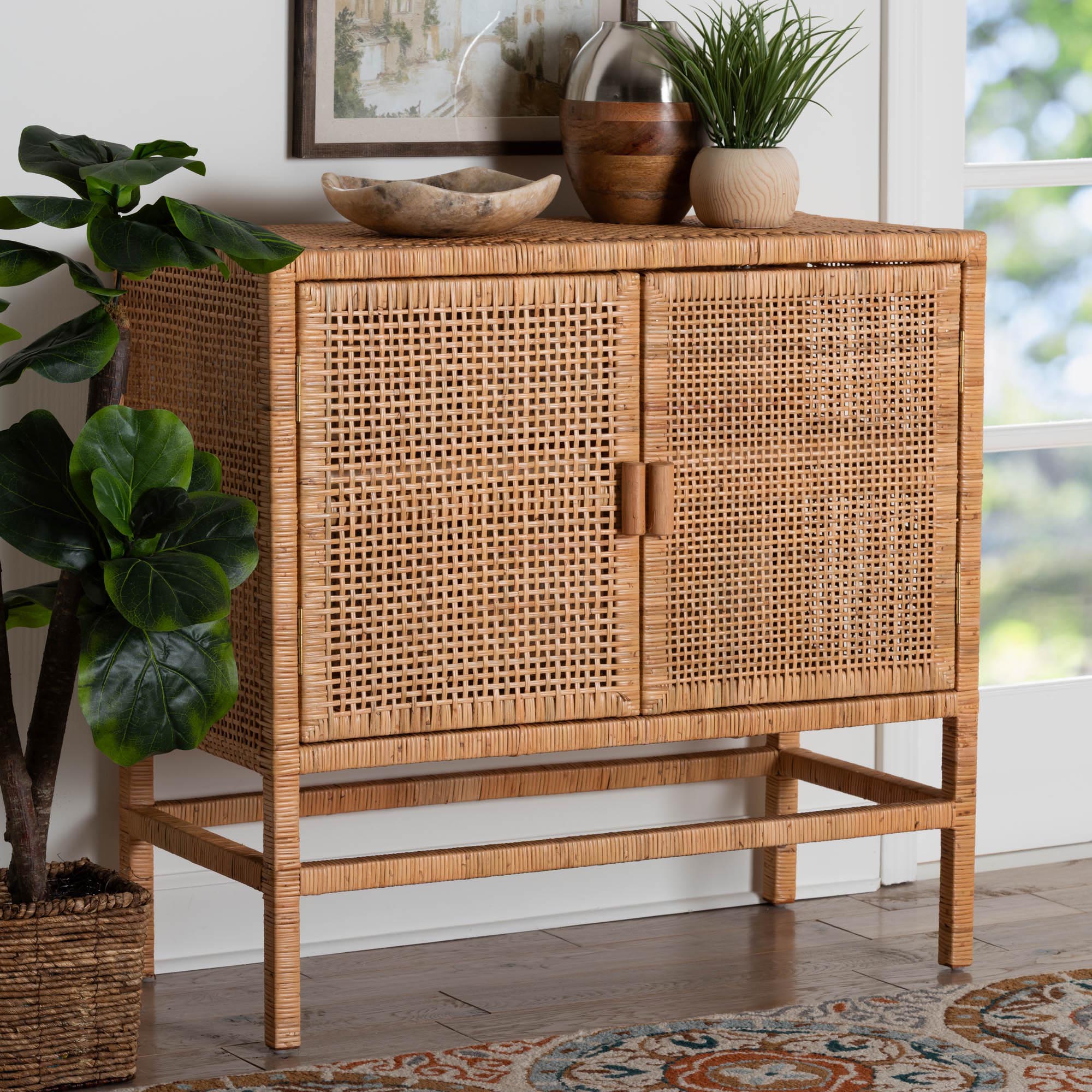 bali & pari Vivan Natural Rattan Storage Cabinet - 2-Tier Handwoven Wicker Accent Cabinet with Double Doors and Elevated Base, Natural Brown