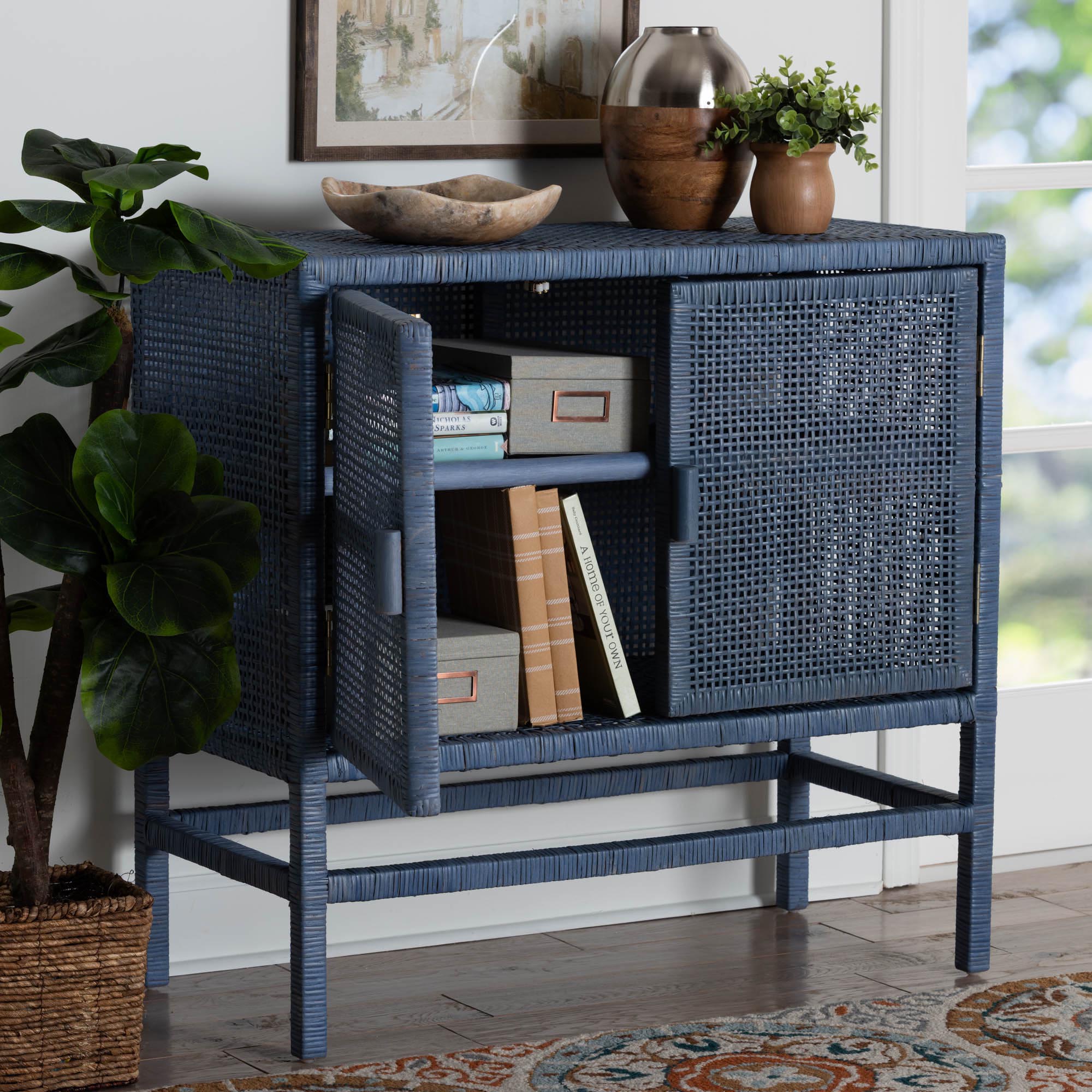 bali & pari Vivan Natural Rattan Storage Cabinet - 2-Tier Handwoven Wicker Accent Cabinet with Double Doors and Elevated Base, Navy Blue