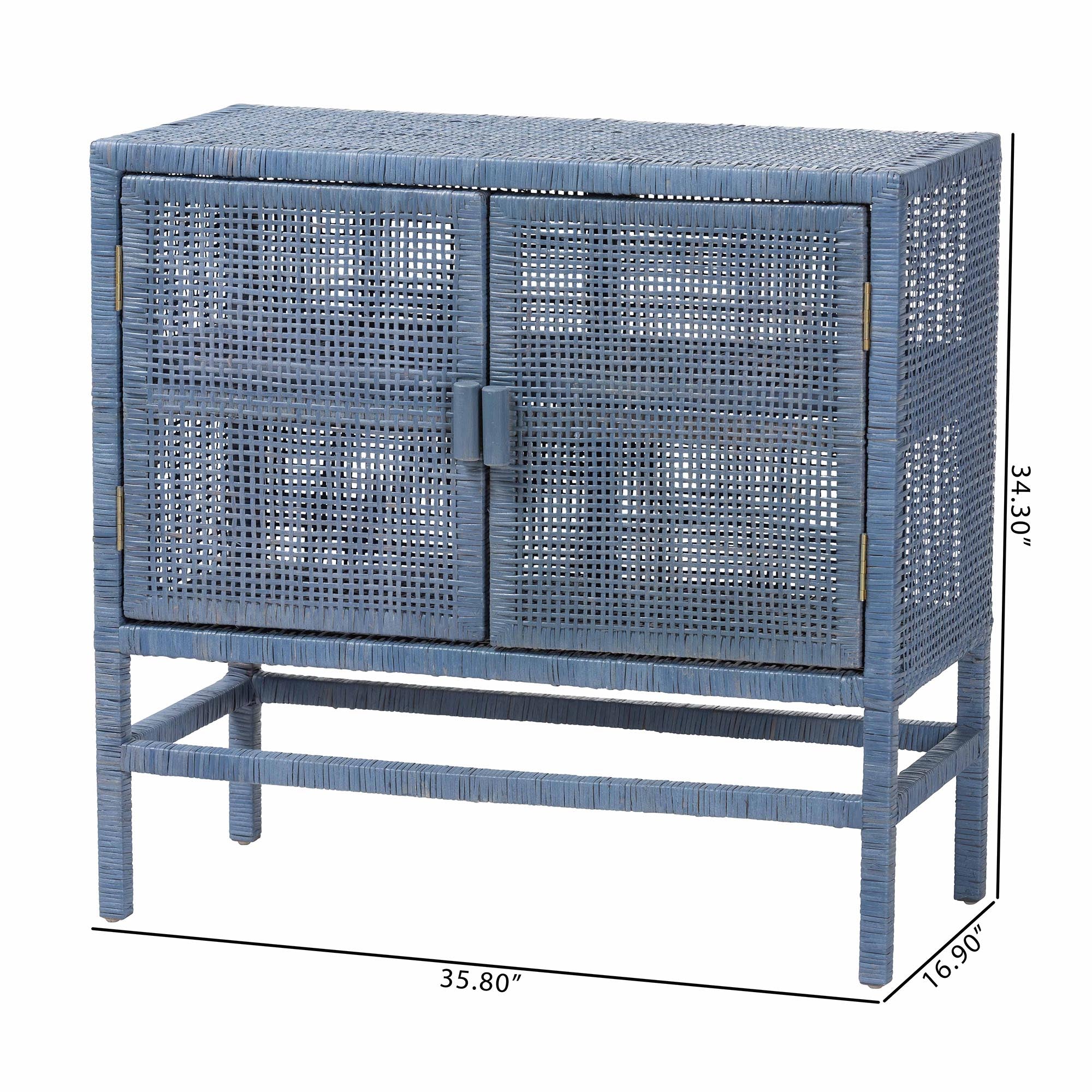 bali & pari Vivan Natural Rattan Storage Cabinet - 2-Tier Handwoven Wicker Accent Cabinet with Double Doors and Elevated Base, Navy Blue