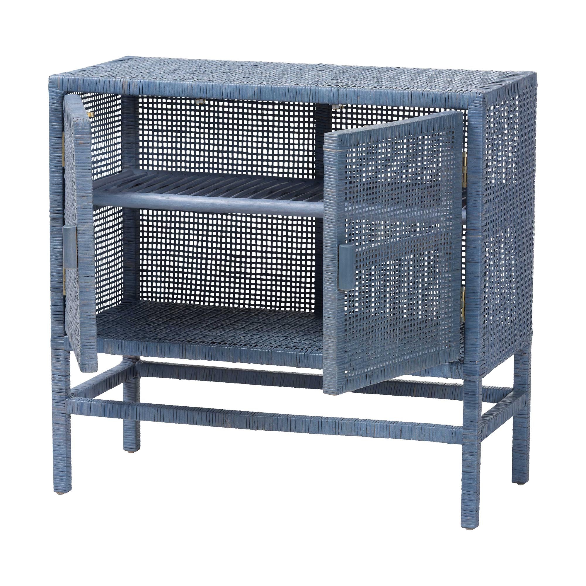 bali & pari Vivan Natural Rattan Storage Cabinet - 2-Tier Handwoven Wicker Accent Cabinet with Double Doors and Elevated Base, Navy Blue