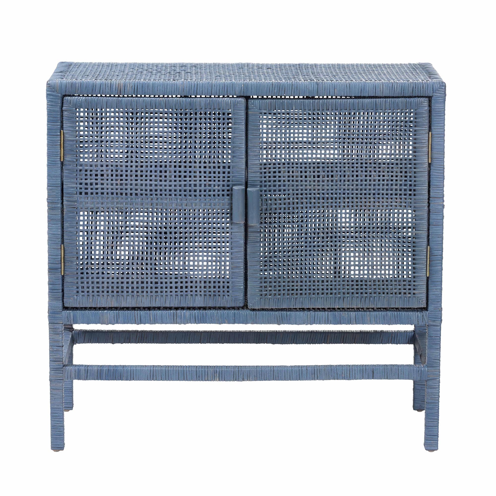 bali & pari Vivan Natural Rattan Storage Cabinet - 2-Tier Handwoven Wicker Accent Cabinet with Double Doors and Elevated Base, Navy Blue