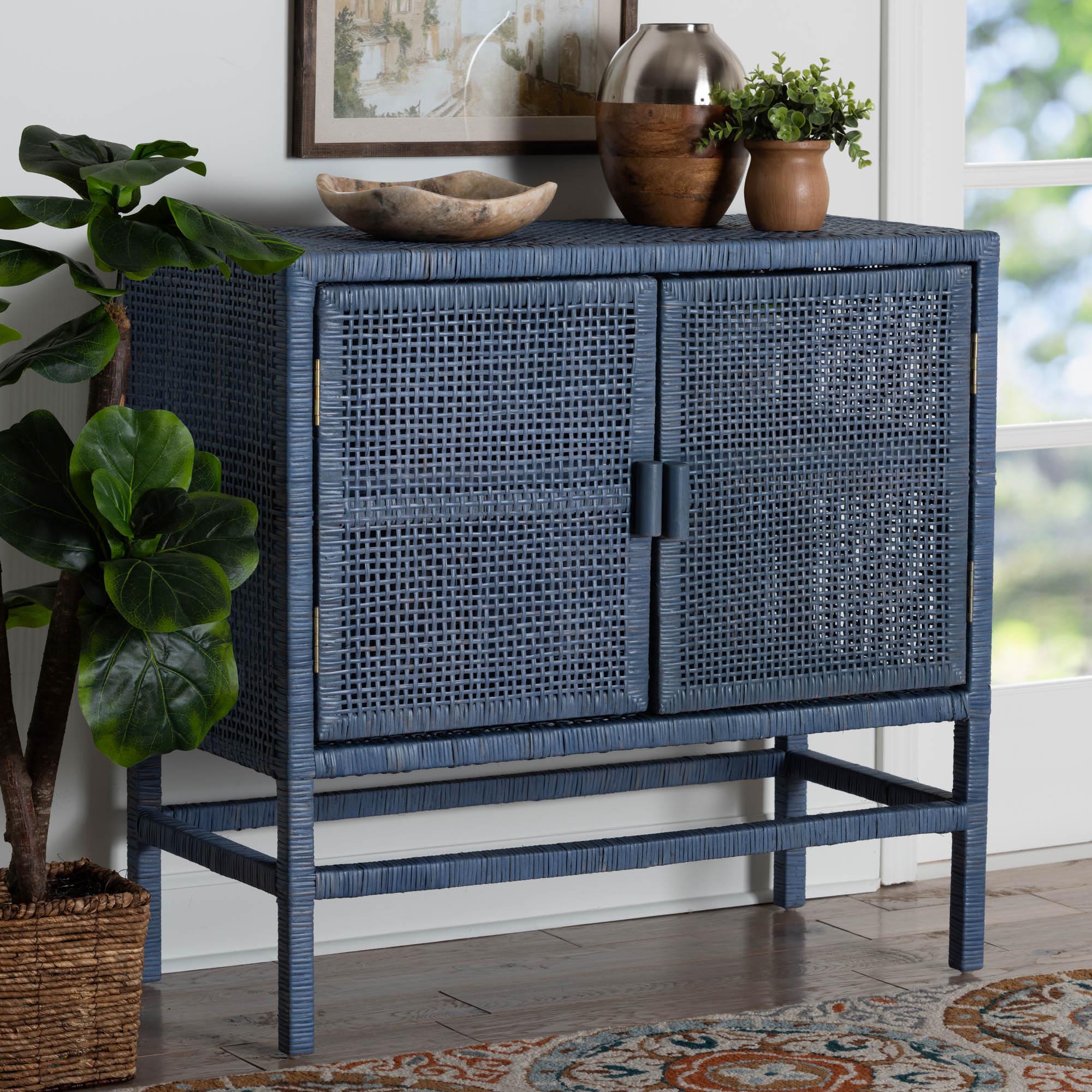 bali & pari Vivan Natural Rattan Storage Cabinet - 2-Tier Handwoven Wicker Accent Cabinet with Double Doors and Elevated Base, Navy Blue