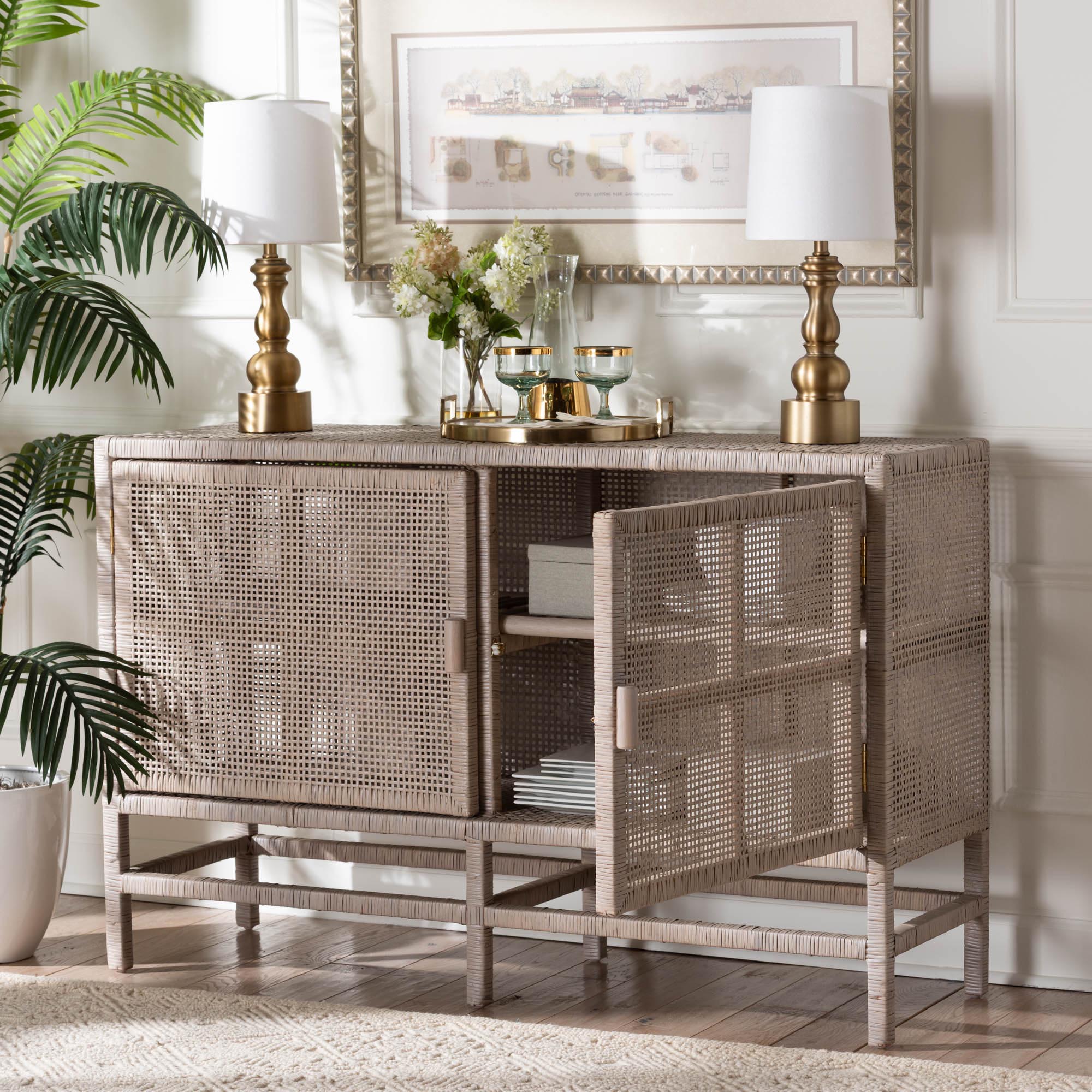 bali & pari Vivan Natural Rattan Storage Cabinet - 2-Tier Handwoven Wicker Accent Cabinet with Double Doors and Elevated Base, French Grey
