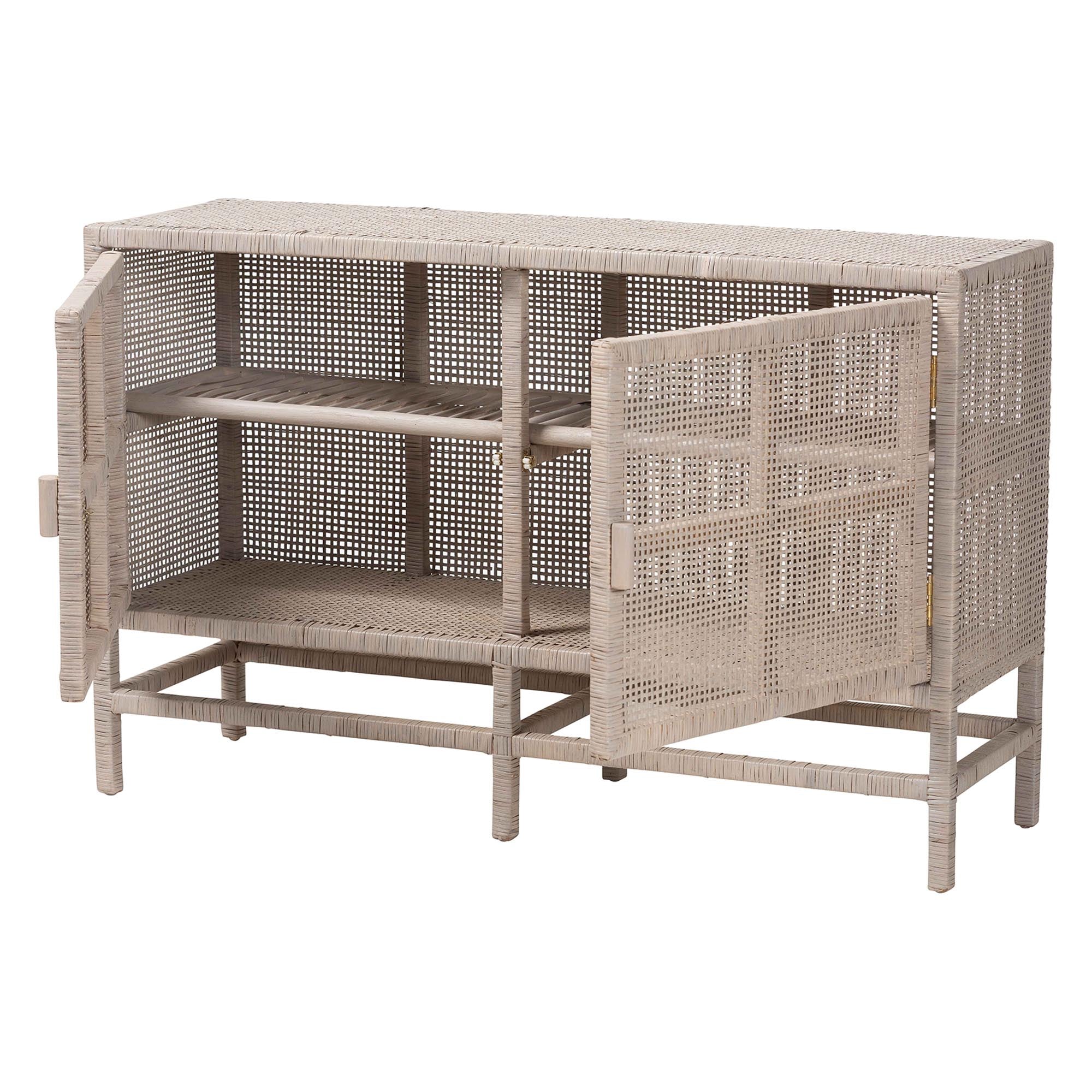 bali & pari Vivan Natural Rattan Storage Cabinet - 2-Tier Handwoven Wicker Accent Cabinet with Double Doors and Elevated Base, French Grey