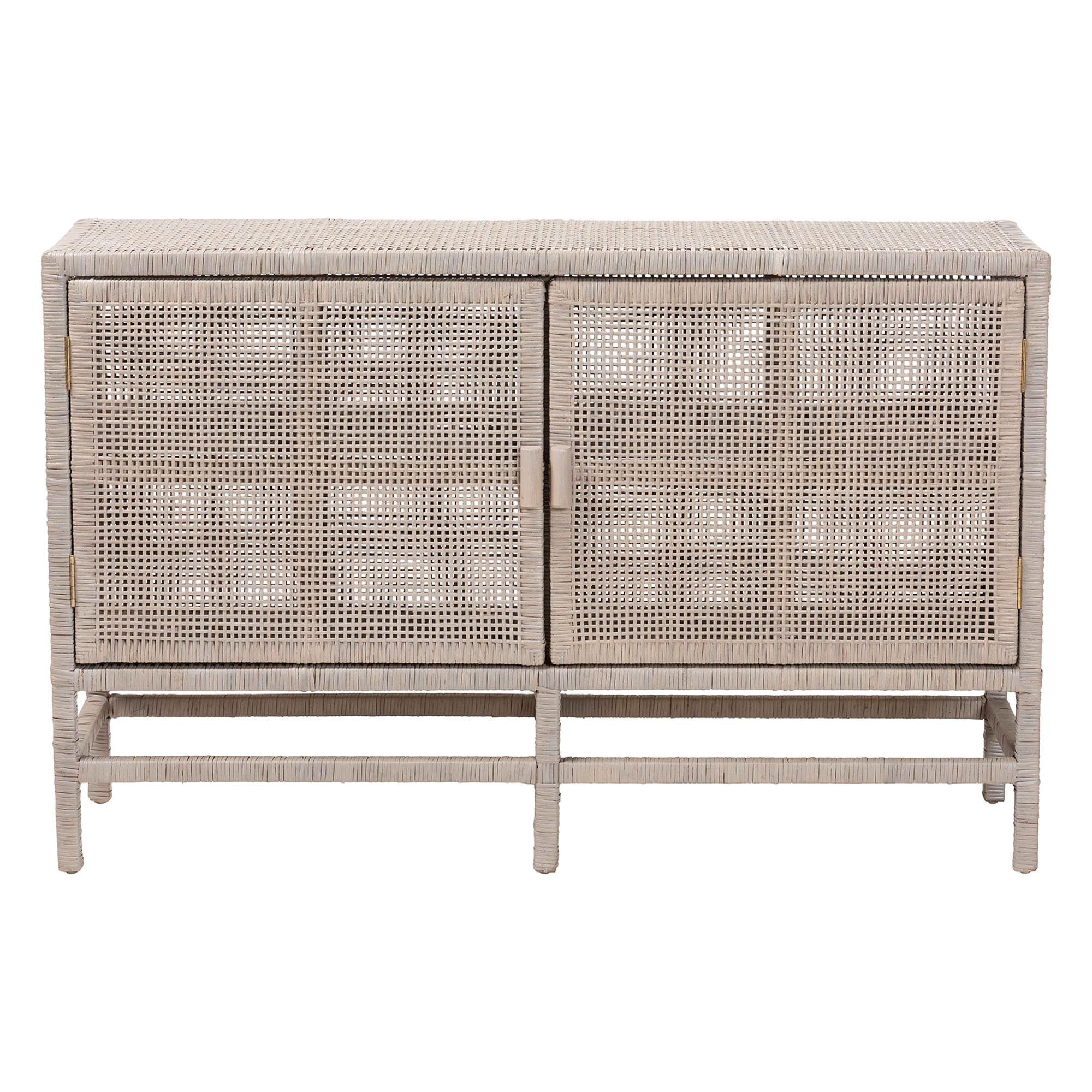 bali & pari Vivan Natural Rattan Storage Cabinet - 2-Tier Handwoven Wicker Accent Cabinet with Double Doors and Elevated Base, French Grey