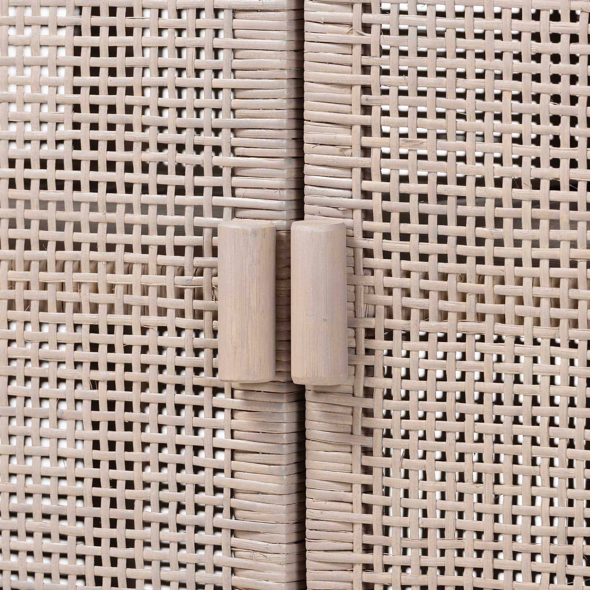 bali & pari Vivan Natural Rattan Storage Cabinet - 2-Tier Handwoven Wicker Accent Cabinet with Double Doors and Elevated Base, French Grey