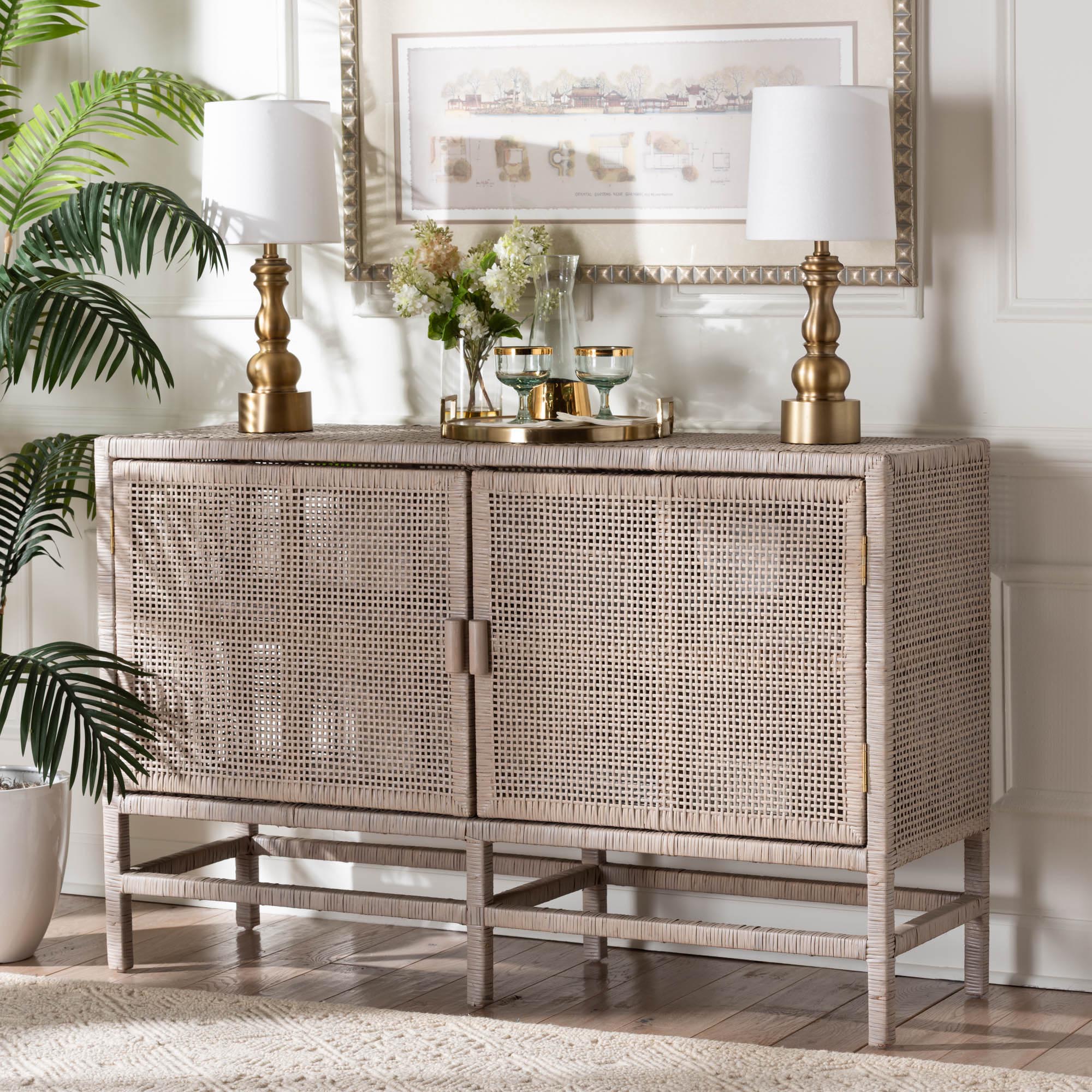 bali & pari Vivan Natural Rattan Storage Cabinet - 2-Tier Handwoven Wicker Accent Cabinet with Double Doors and Elevated Base, French Grey