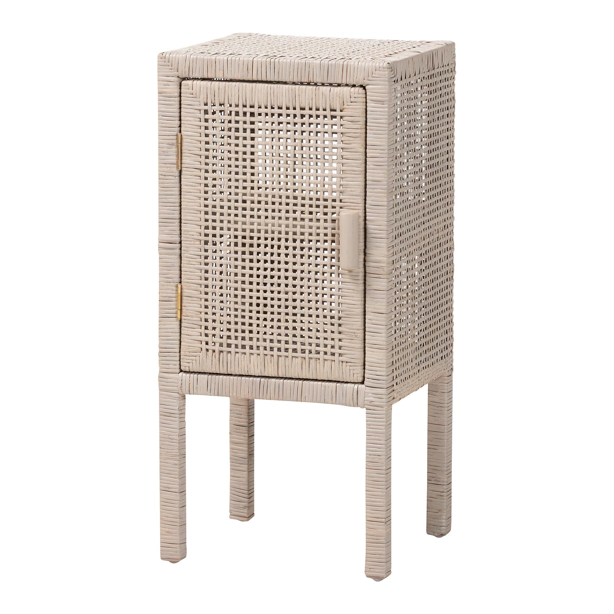 bali & pari Vivan Natural Rattan Nightstand - Handwoven Wicker Accent Bedside Table with Interior Shelving and Elevated Base, French Grey