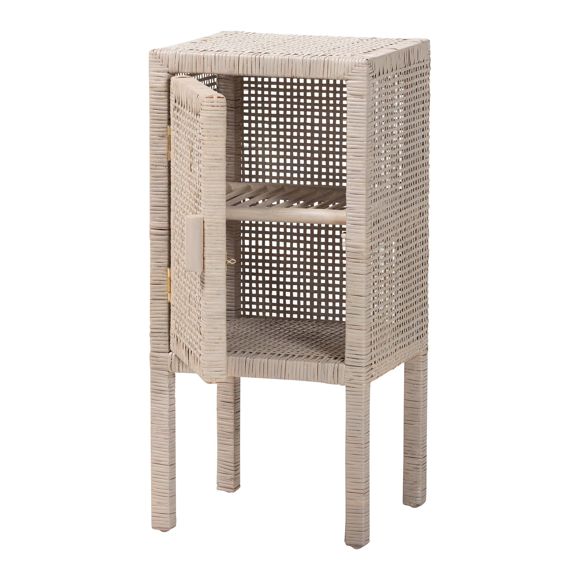 bali & pari Vivan Natural Rattan Nightstand - Handwoven Wicker Accent Bedside Table with Interior Shelving and Elevated Base, French Grey