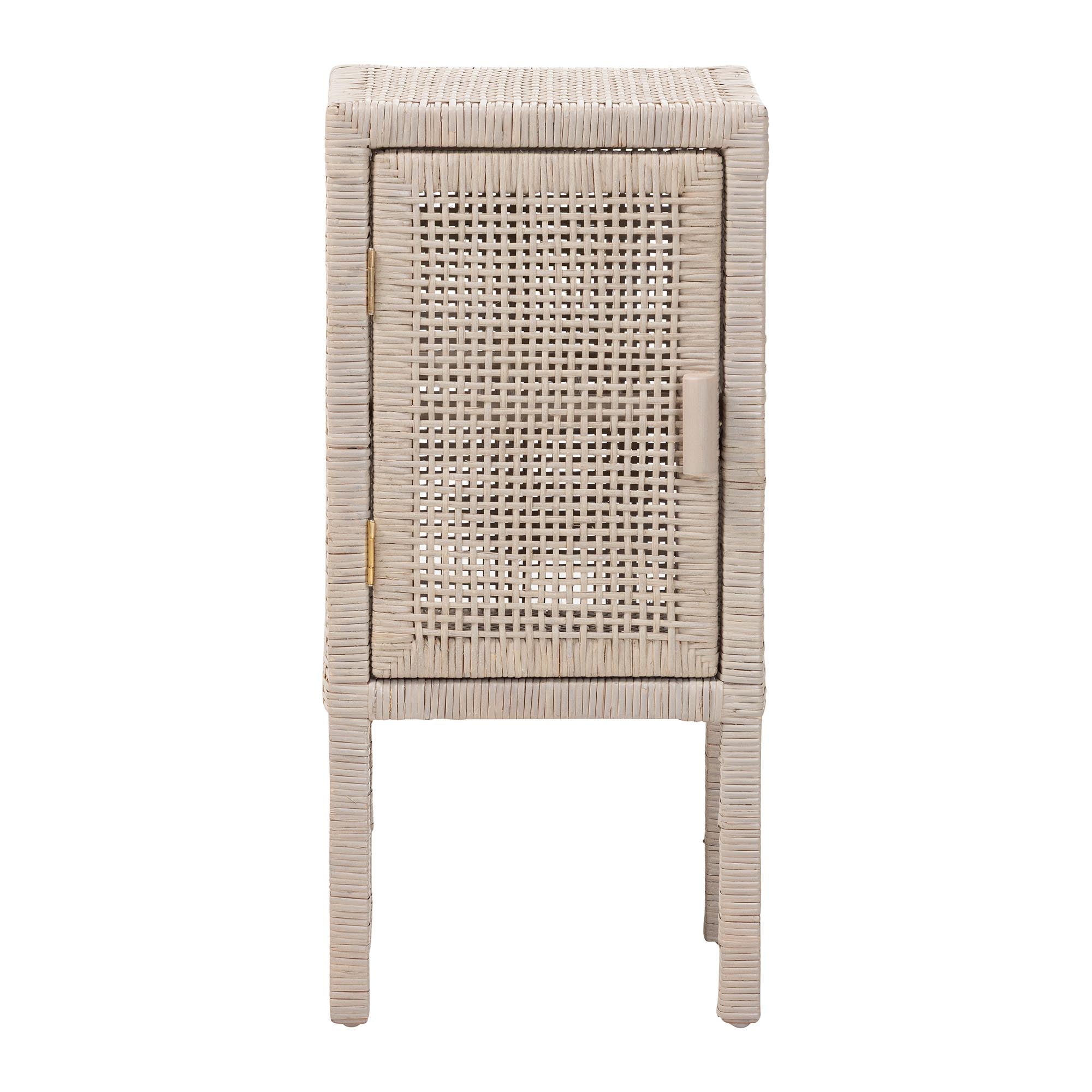 bali & pari Vivan Natural Rattan Nightstand - Handwoven Wicker Accent Bedside Table with Interior Shelving and Elevated Base, French Grey