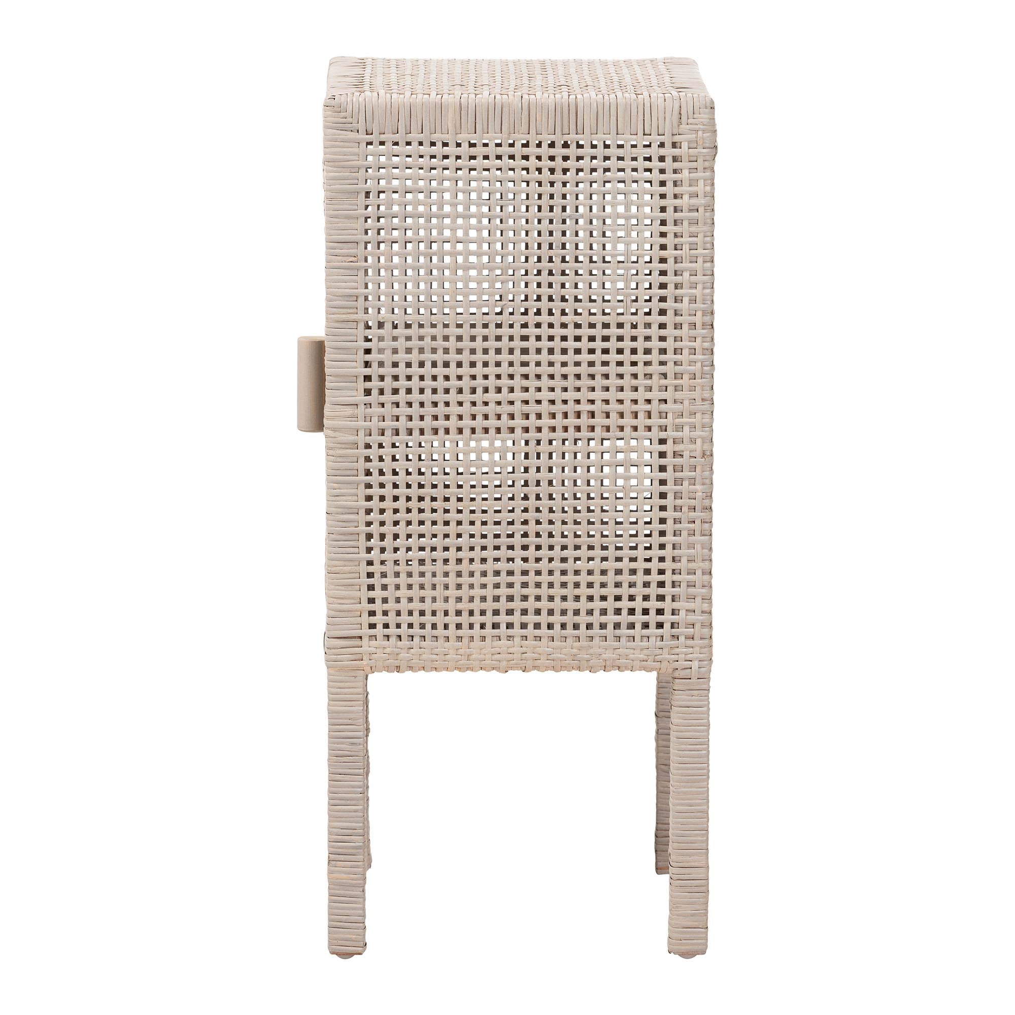 bali & pari Vivan Natural Rattan Nightstand - Handwoven Wicker Accent Bedside Table with Interior Shelving and Elevated Base, French Grey