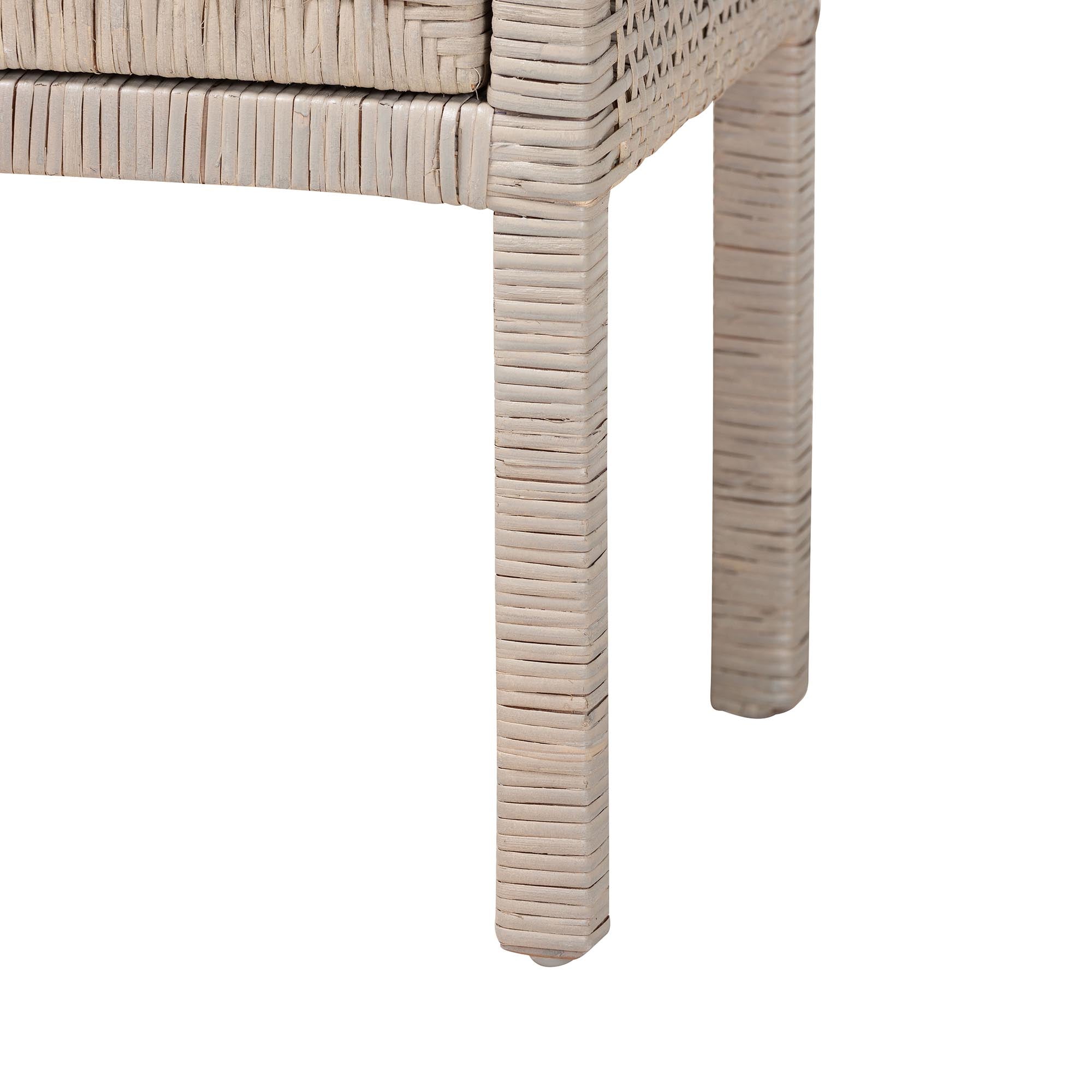 bali & pari Vivan Natural Rattan Nightstand - Handwoven Wicker Accent Bedside Table with Interior Shelving and Elevated Base, French Grey