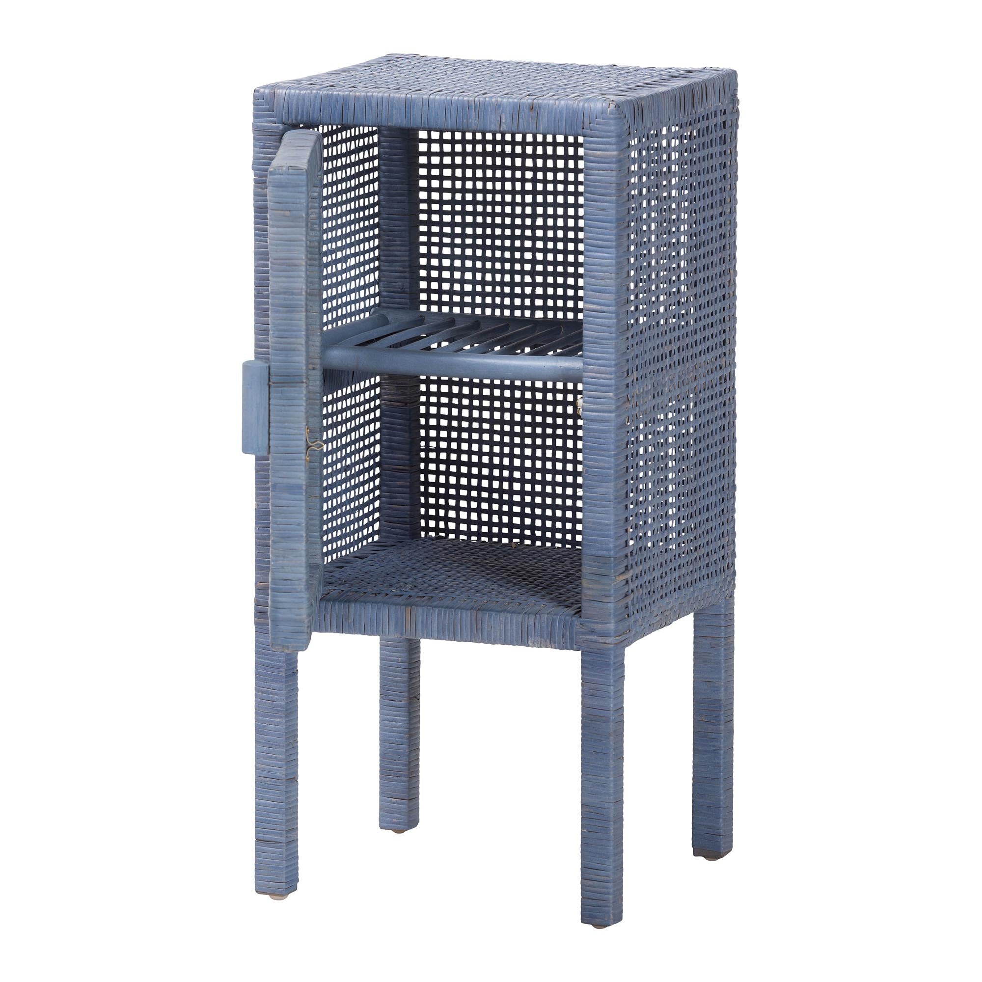 bali & pari Vivan Natural Rattan Nightstand - Handwoven Wicker Accent Bedside Table with Interior Shelving and Elevated Base, Navy Blue